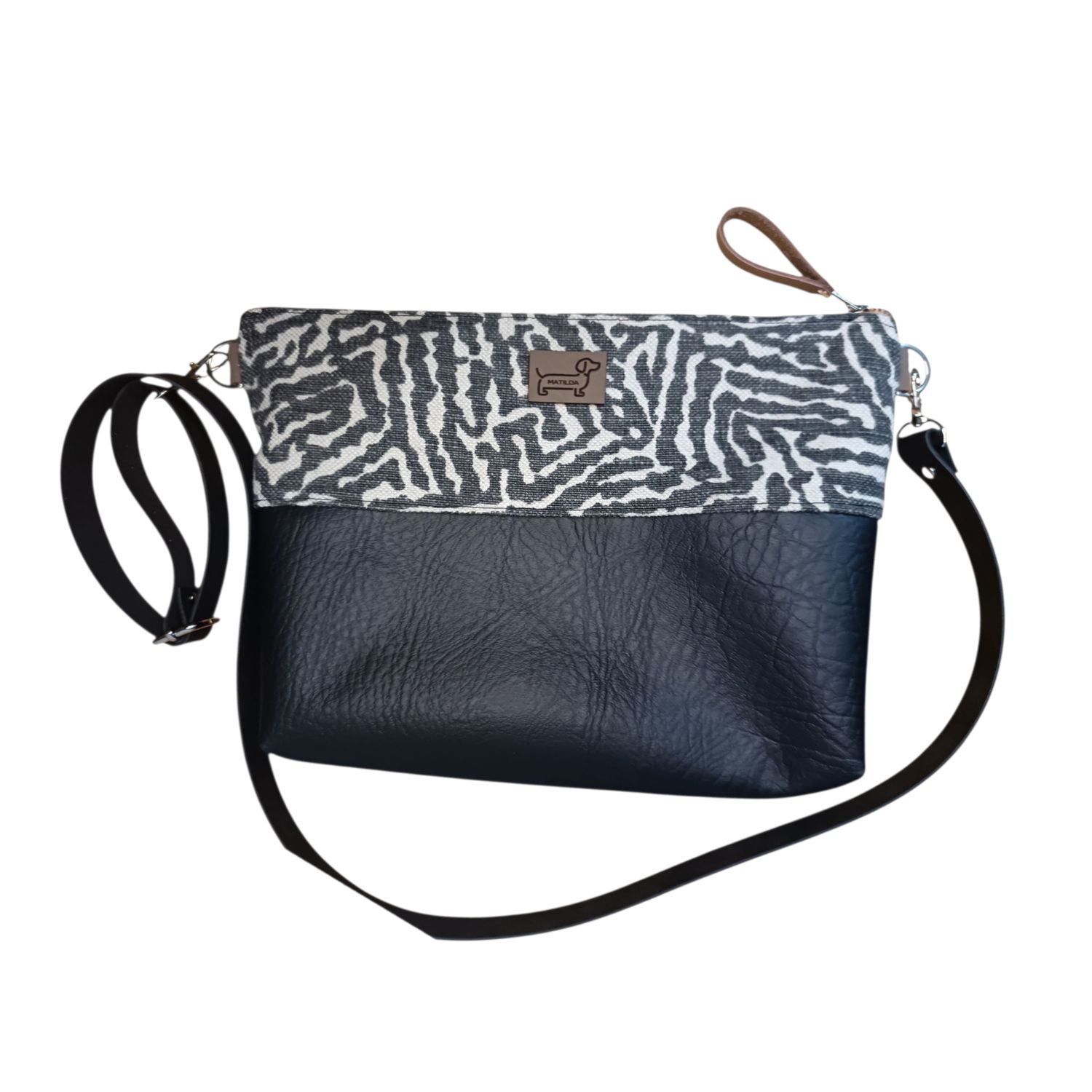 Once off / Limited edition Fabric & Faux Leather Sling Bag - Black & Cream Animal print 