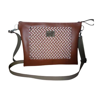 Small Fabric & Faux Leather Sling Bag - Brown & Cream 