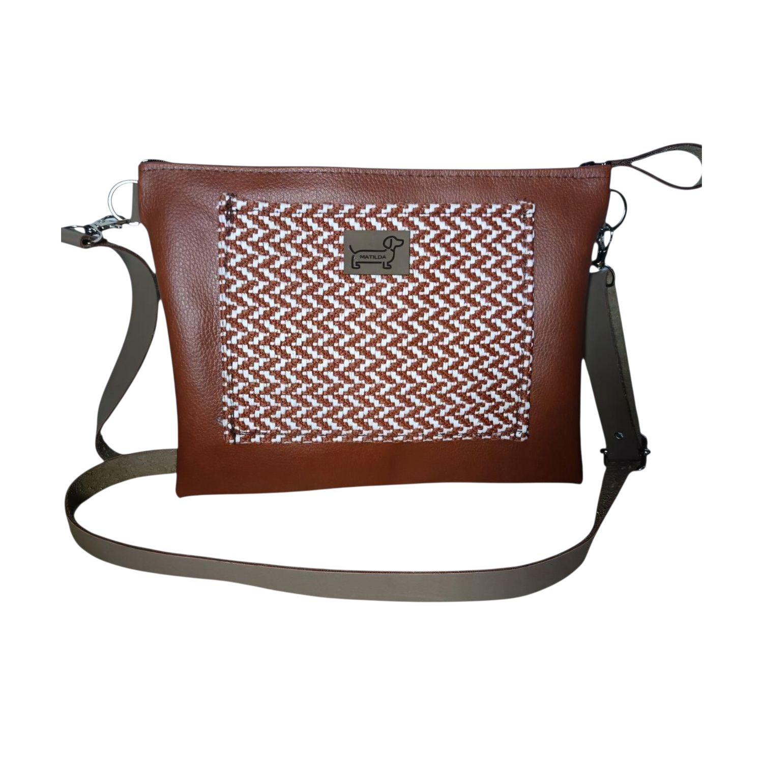Small Fabric & Faux Leather Sling Bag - Brown & Cream 