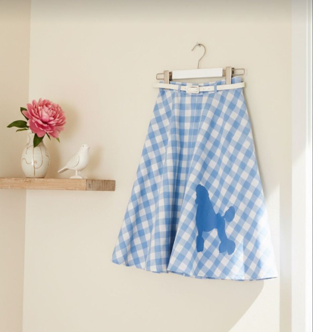 Vintage blue and white plaid midi skater skirt with a poodle applique - Miss Happ’