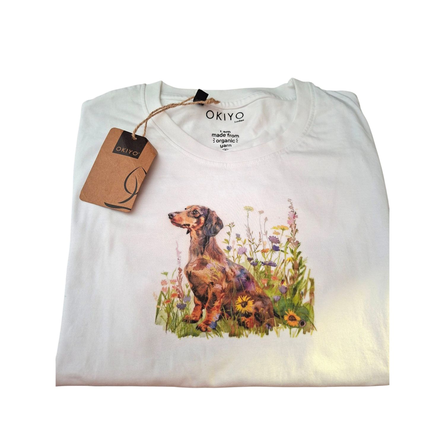 Brown Dachshund in flowers T-Shirt - White - Medium only 