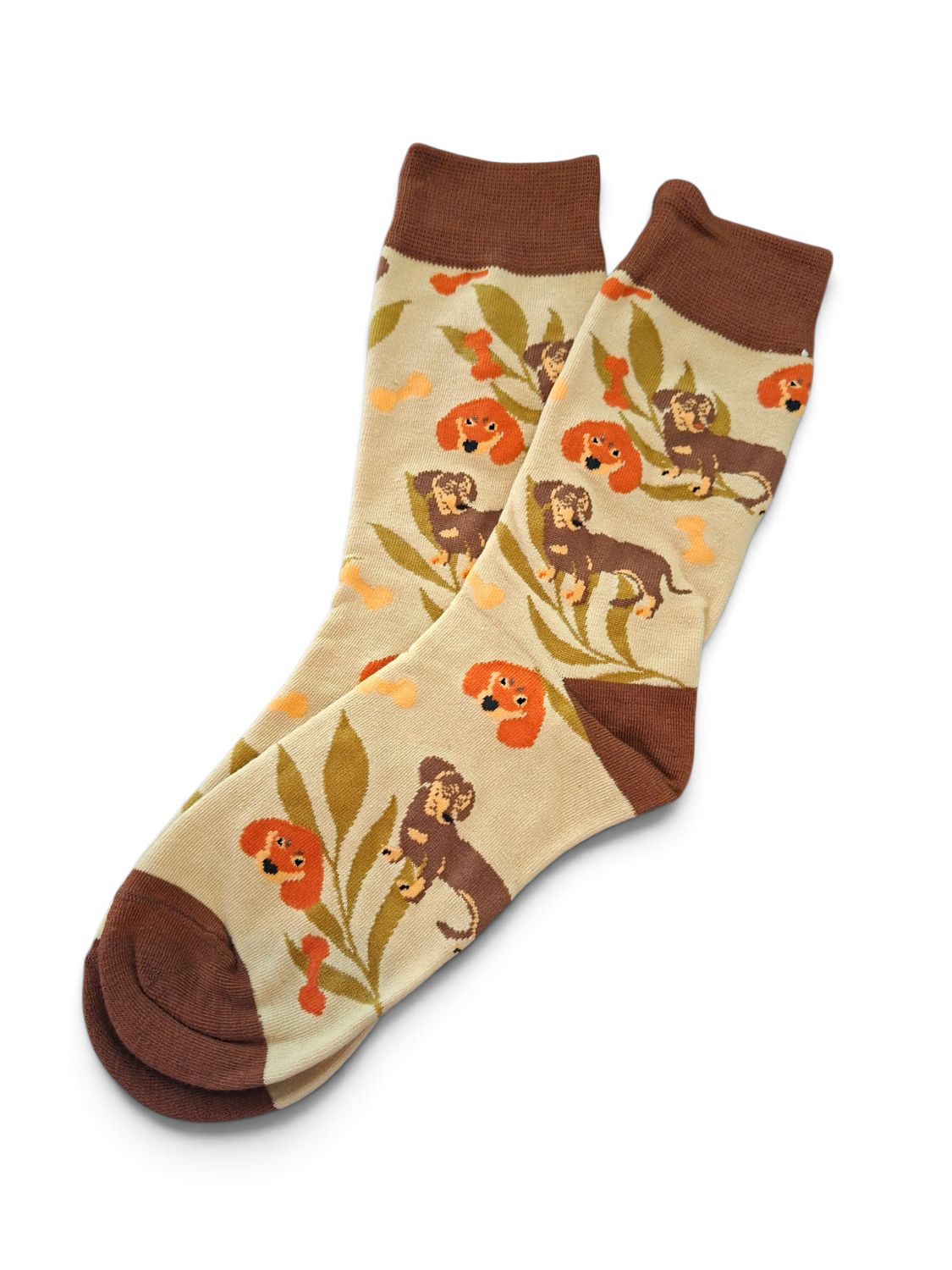 Beige and brown Dachshund socks