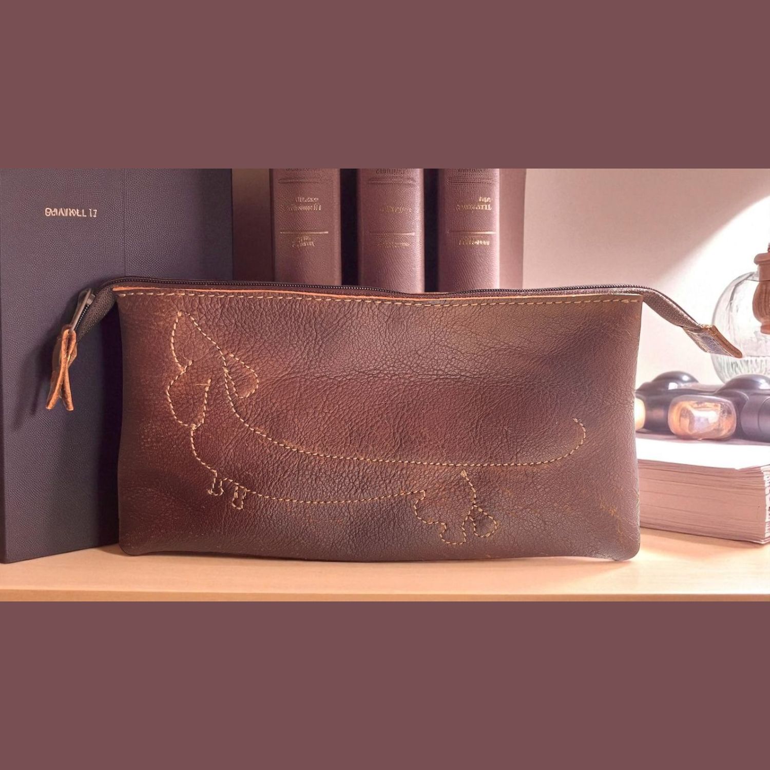 Leather Make Up Bag with Dachshund outline Leather Make Up Bag with Dachshund outline