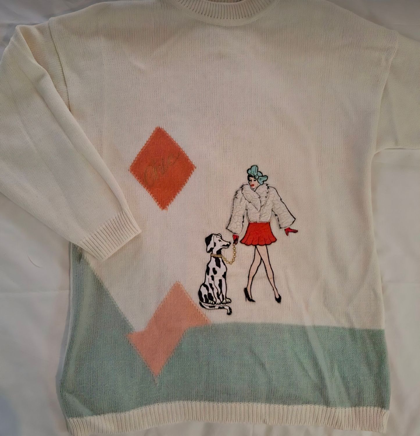 Lady walking Dalmatian vintage Knit