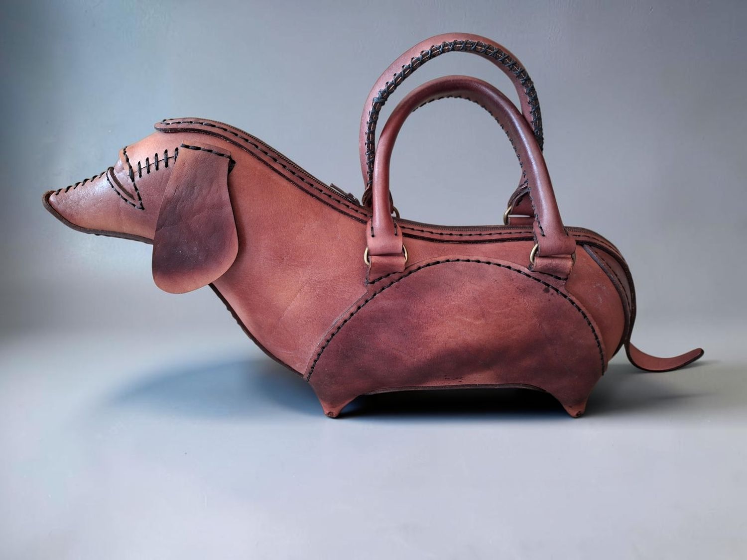 Dachshund Shaped Leather Bag - Handles