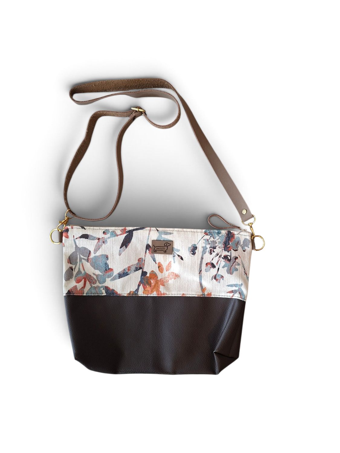 Once off / Limited edition Fabric & Faux Leather Sling Bag - Brown & Cream with leaf/branch print