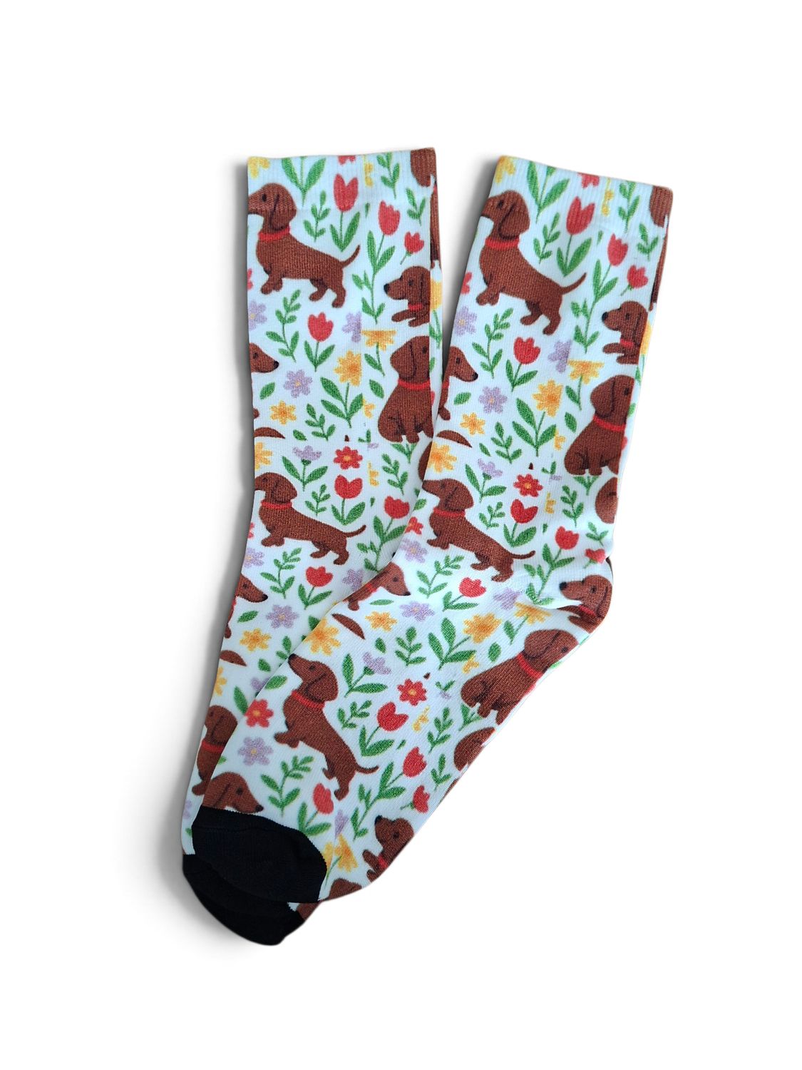 Socks - White with dachshunds & flowers