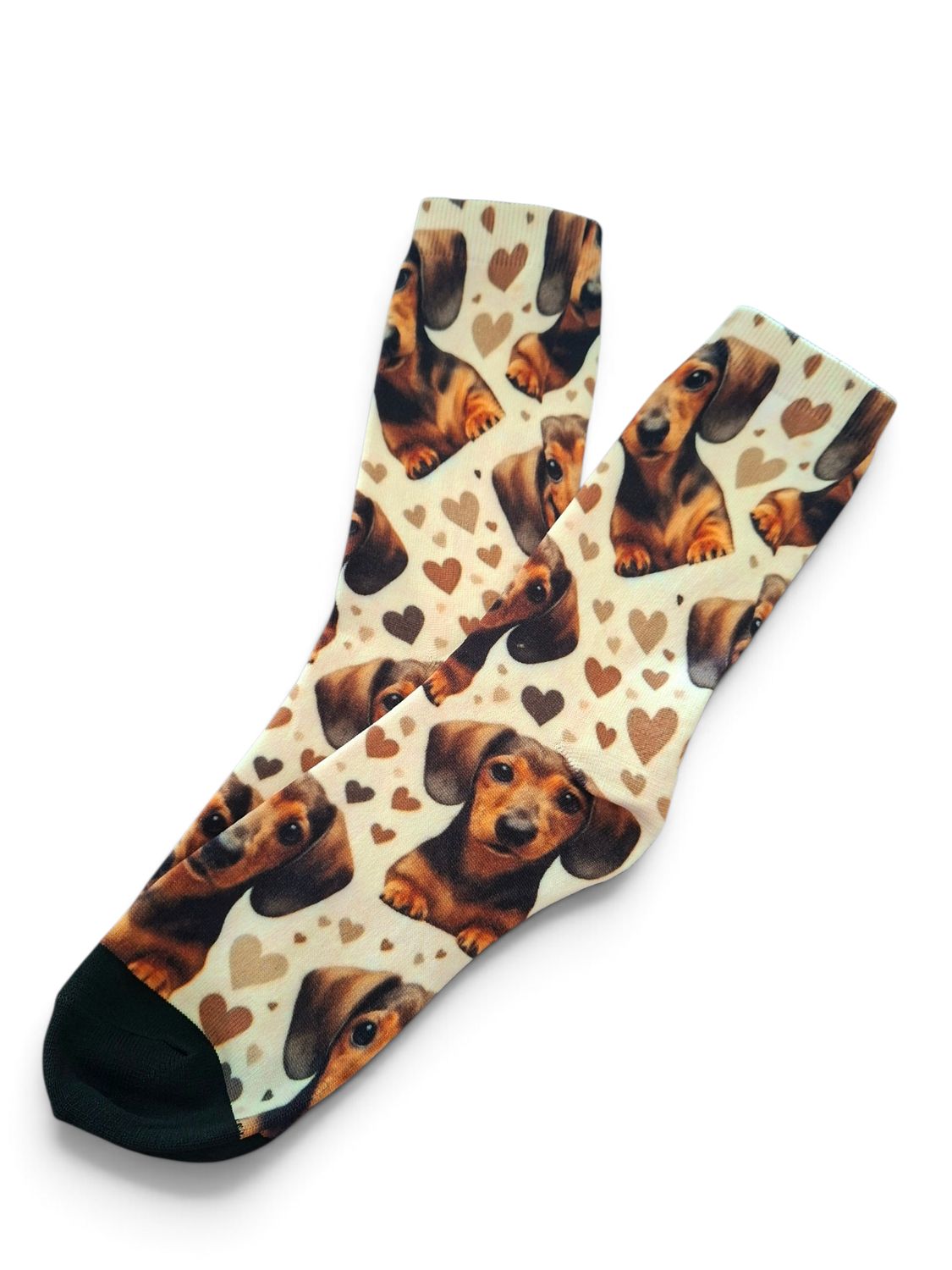 Socks - Light beige with pretty dachshund faces & hearts