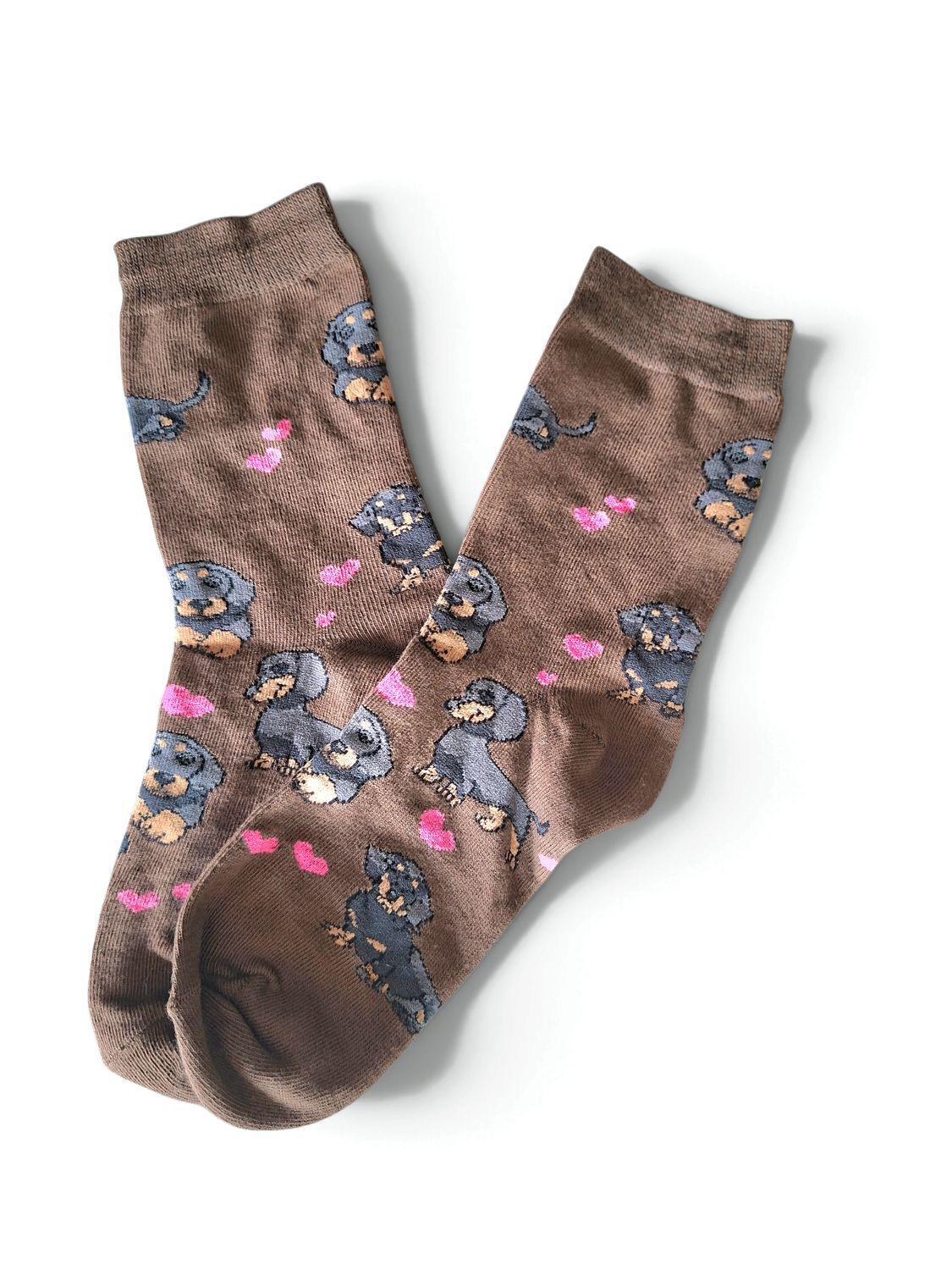  Socks - Brown with black Dachshunds & hearts 