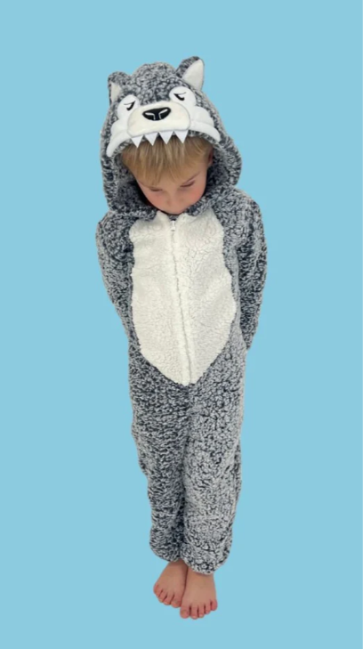 Onesie, Jumpsuit "Wolf" grijs supersoft hooded kids series