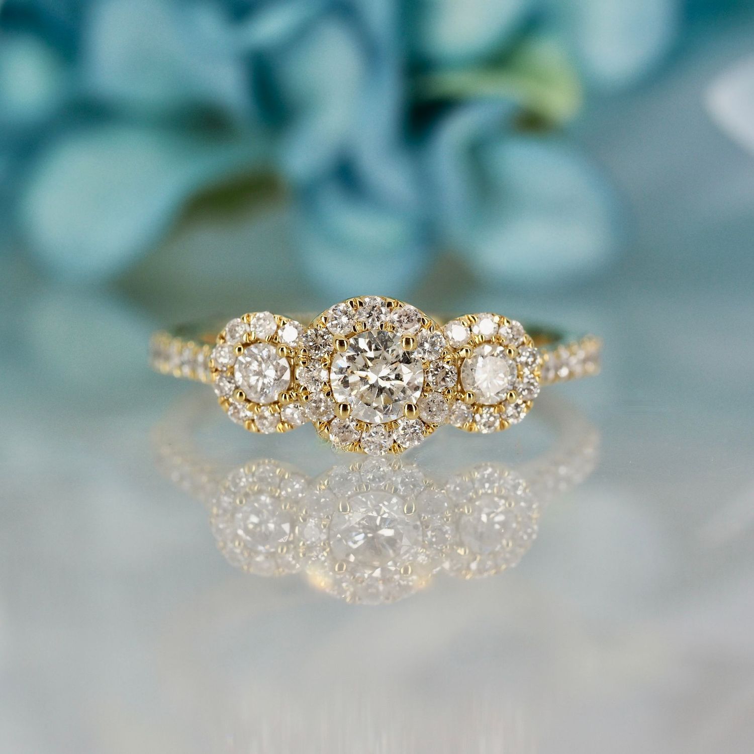 9ct Yellow Gold 0.75ct Round Brilliant Cut Diamond Triple Halo Cluster Ring