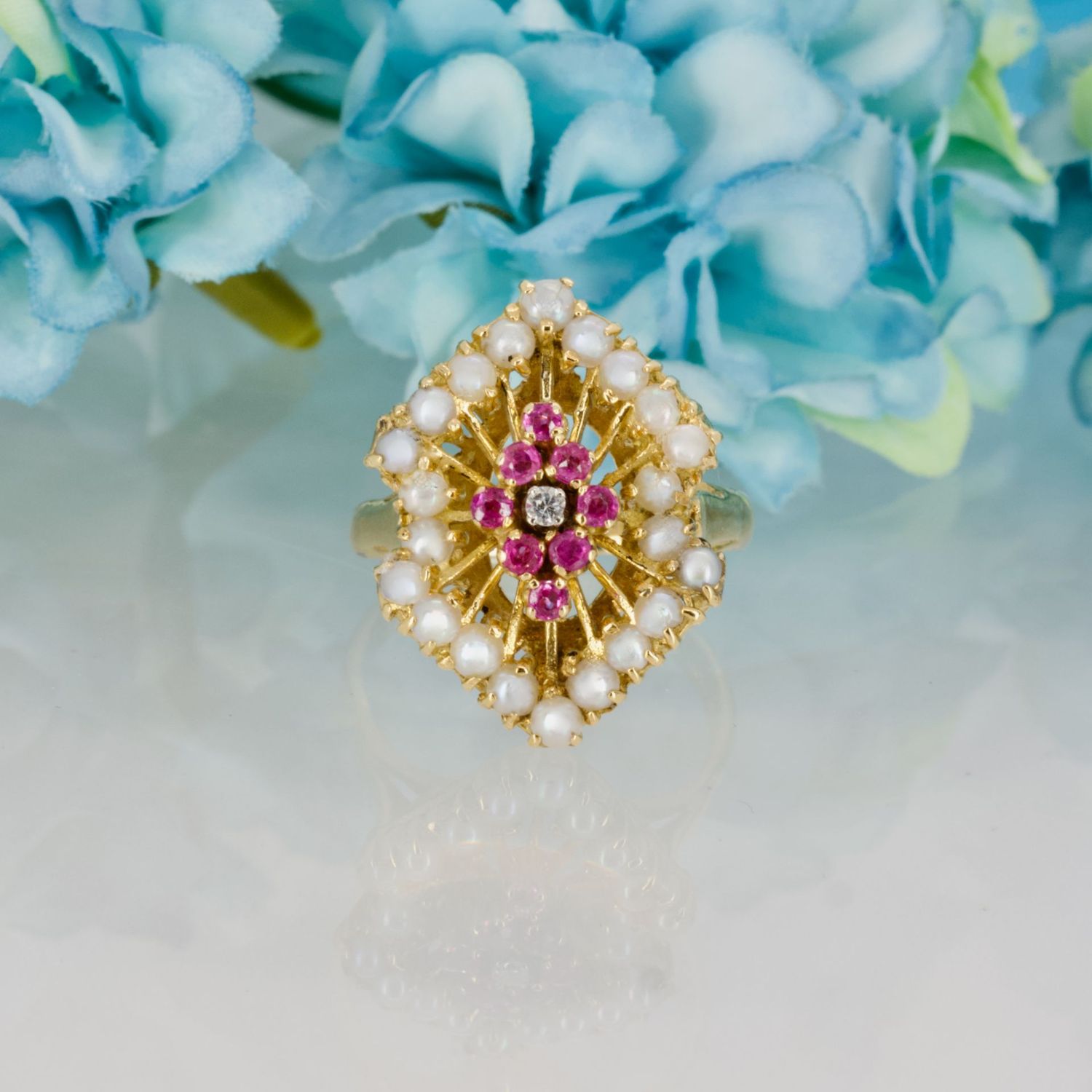 18ct Yellow Gold Pearl, Ruby & Diamond Set Dress Ring
