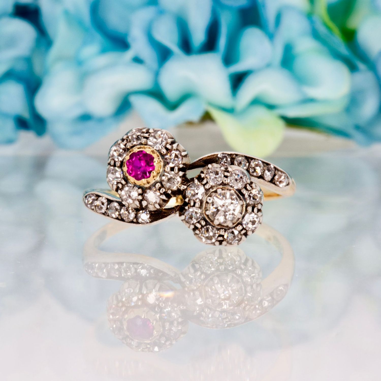 Pre-Loved 18ct Yellow Gold Ruby & Diamond Crossover Cluster Ring