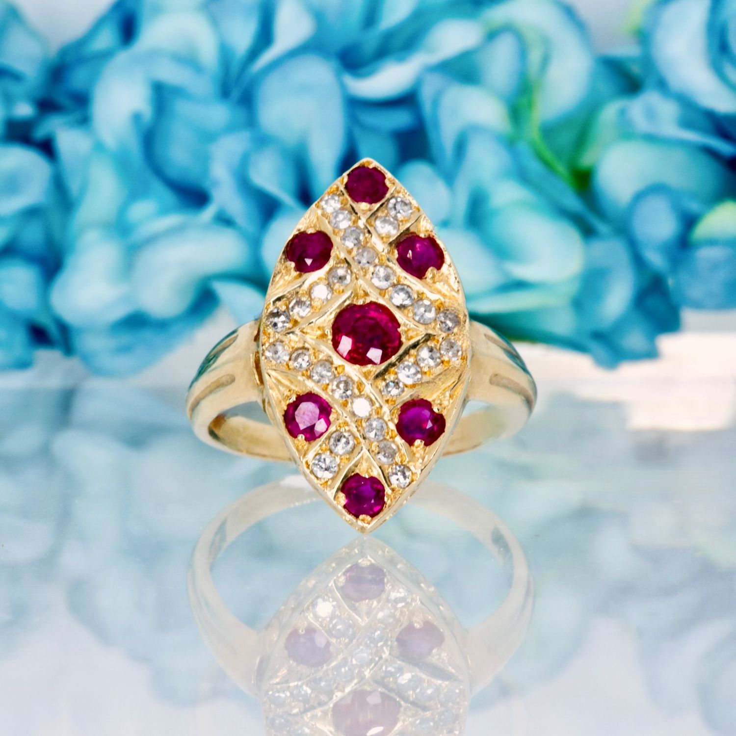 15ct Yellow Gold Ruby & Diamond Marquise Shaped Cluster Ring