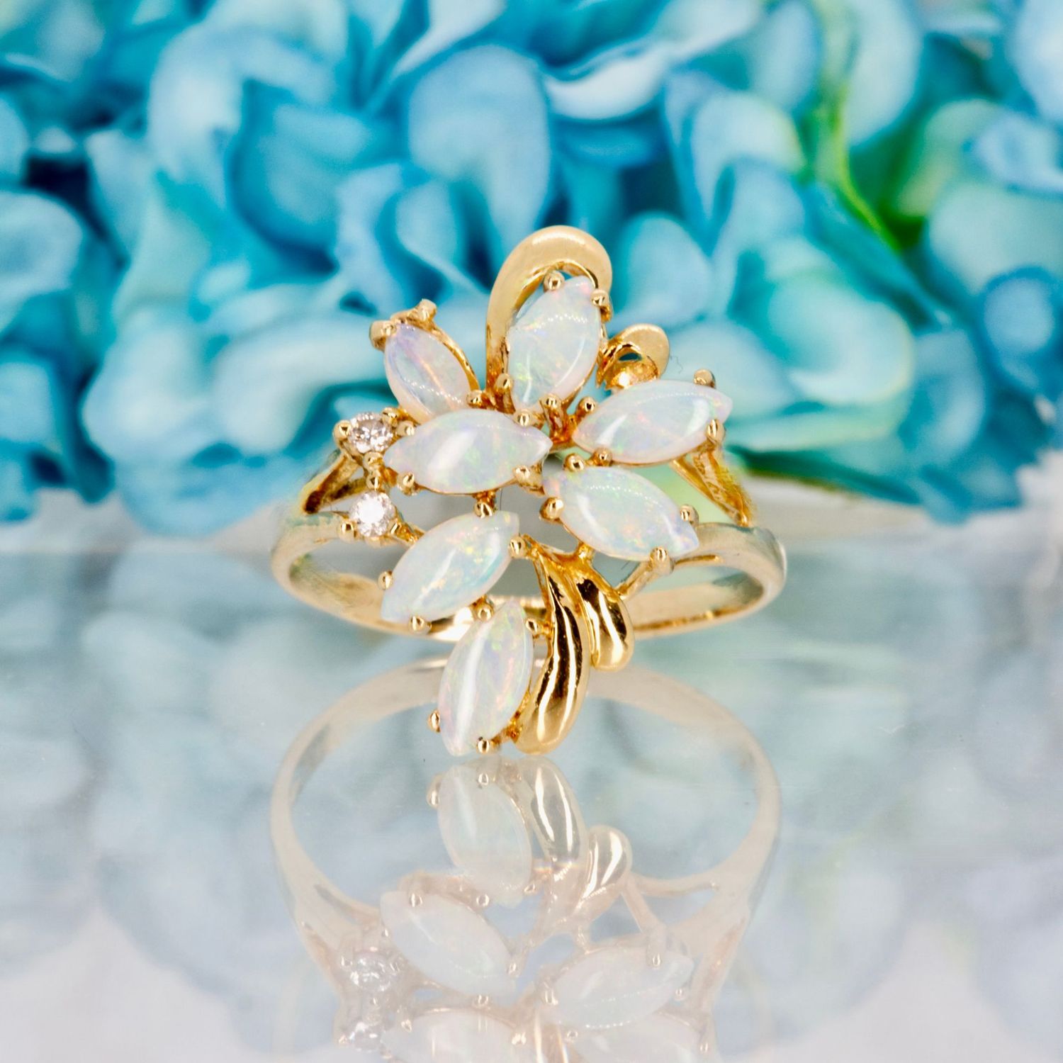 14ct Yellow Gold Marquise Shaped Opal & Diamond Cluster Ring