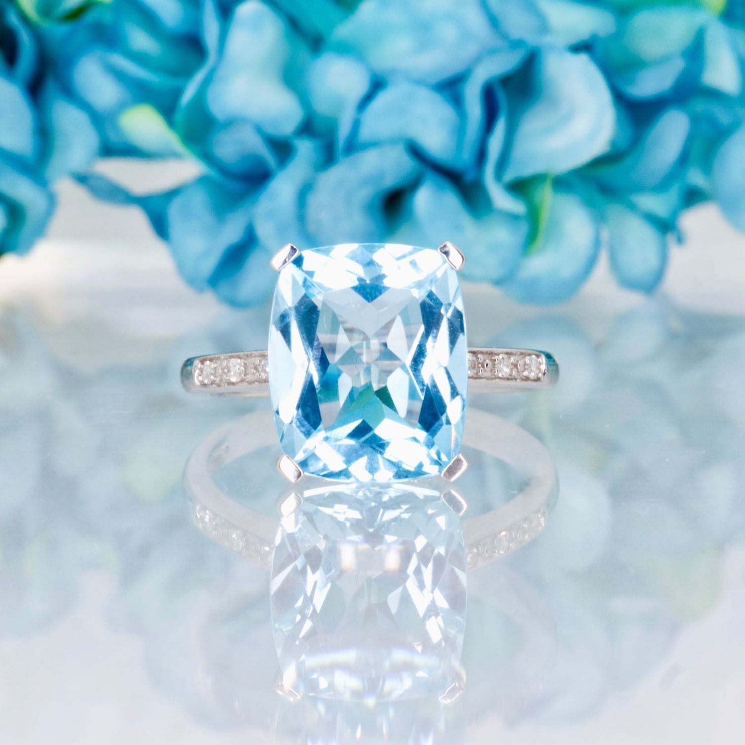 9ct White Gold Blue Topaz & Diamond Ring