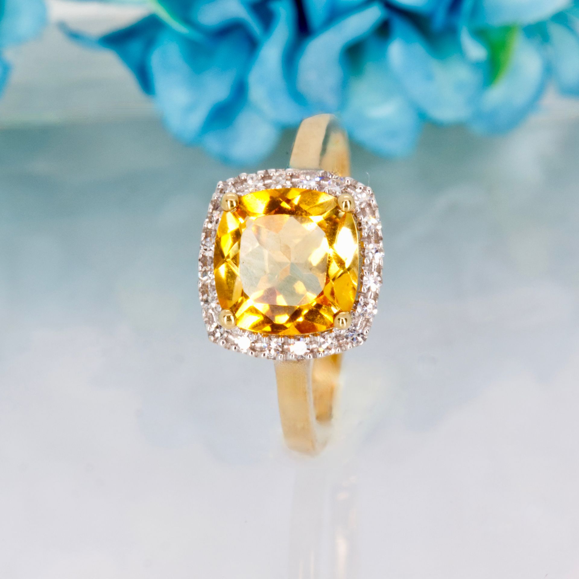 9ct Yellow Gold Cushion Cut Citrine & Round Brilliant Cut Diamond Halo Cluster Ring