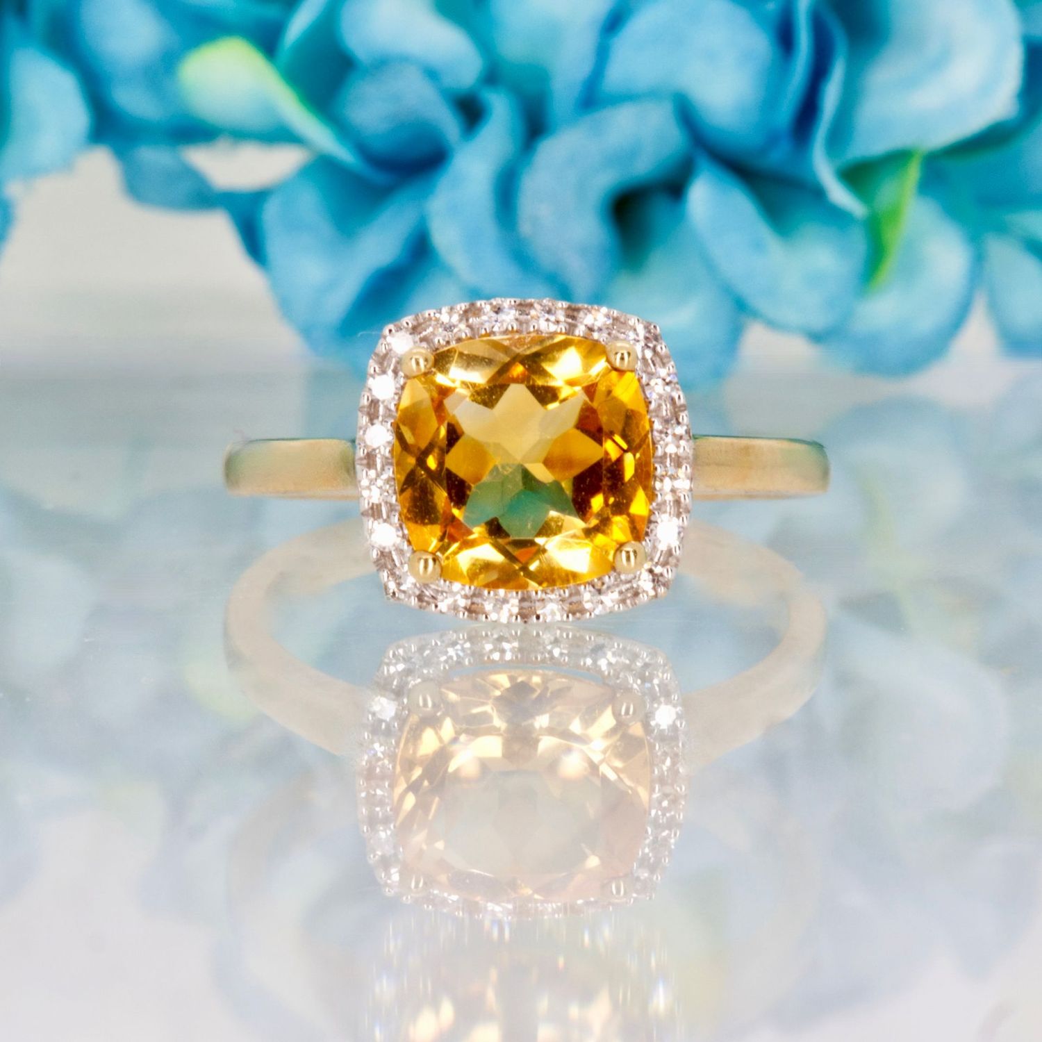 9ct Yellow Gold Cushion Cut Citrine & Round Brilliant Cut Diamond Halo Cluster Ring