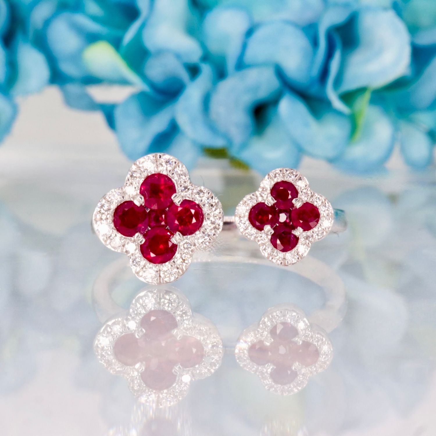 Platinum Round Cut Ruby & Diamond Double Clover Cluster Ring