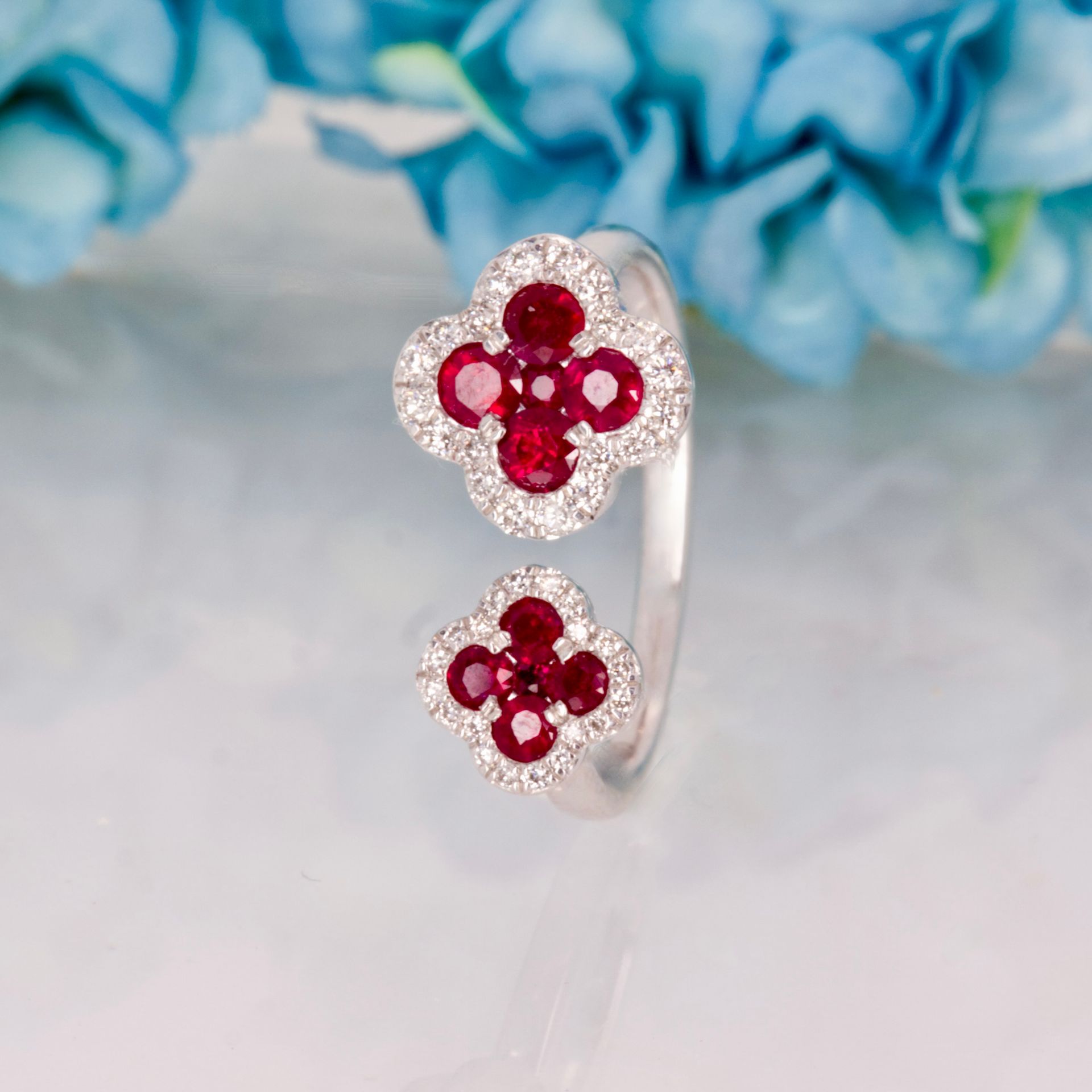 Platinum Round Cut Ruby & Diamond Double Clover Cluster Ring