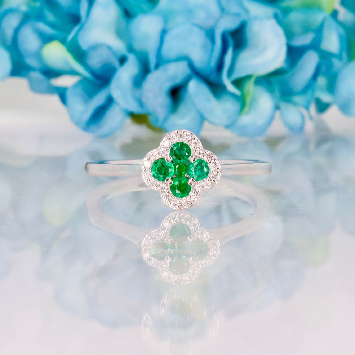 Platinum Round Cut Emerald & Diamond Clover Cluster Ring