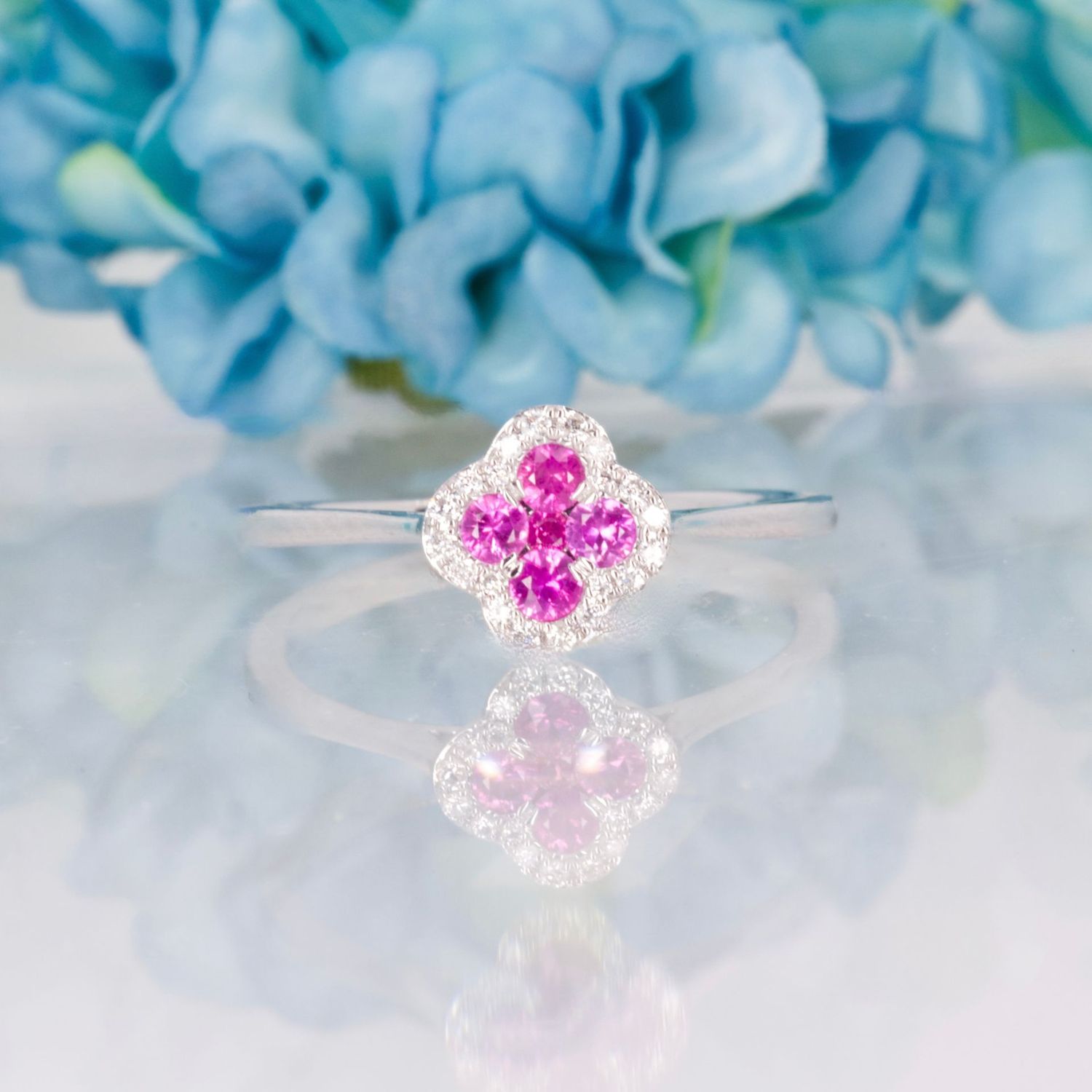9ct White Gold Round Cut Pink Sapphire & Diamond Clover Cluster Ring