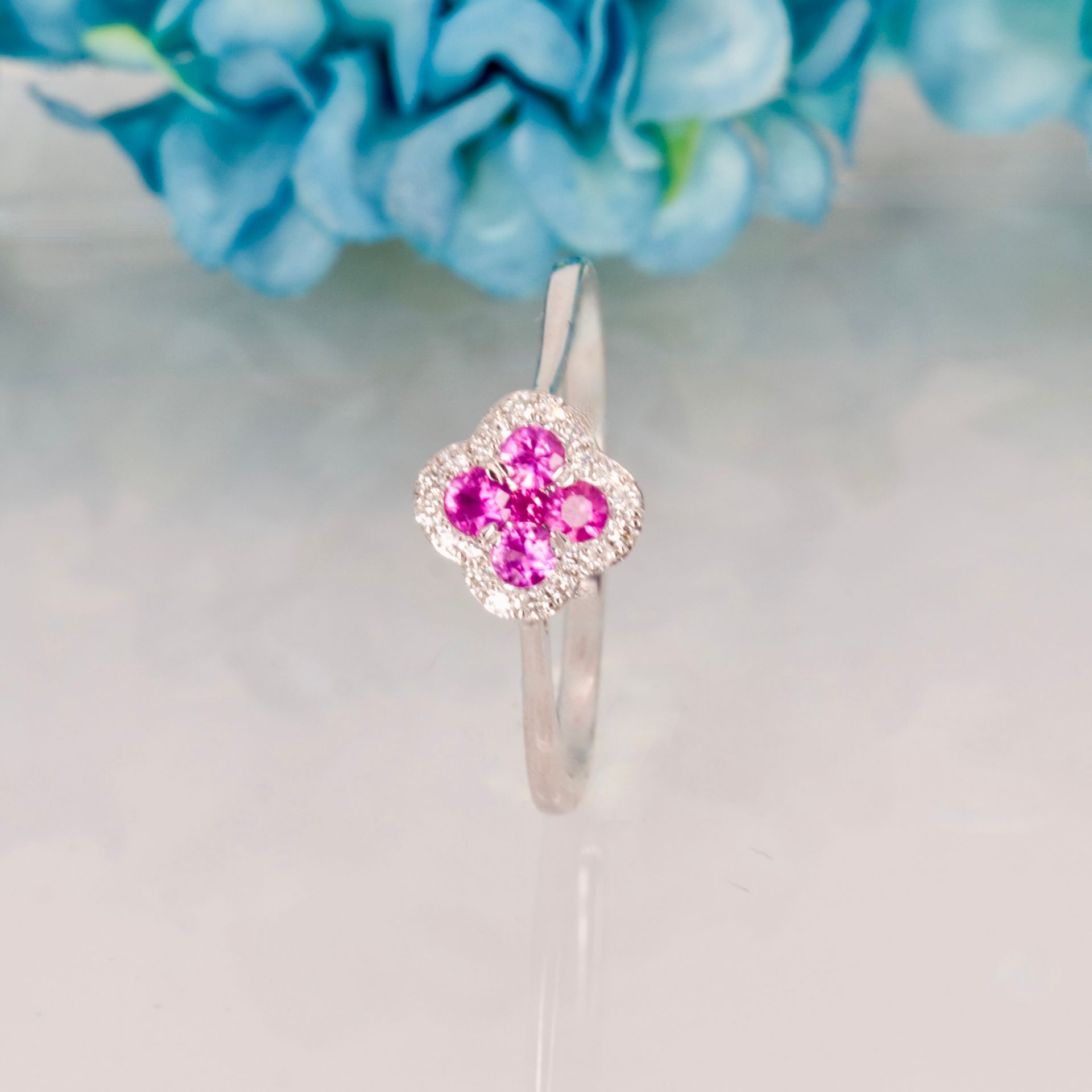 9ct White Gold Round Cut Pink Sapphire & Diamond Clover Cluster Ring