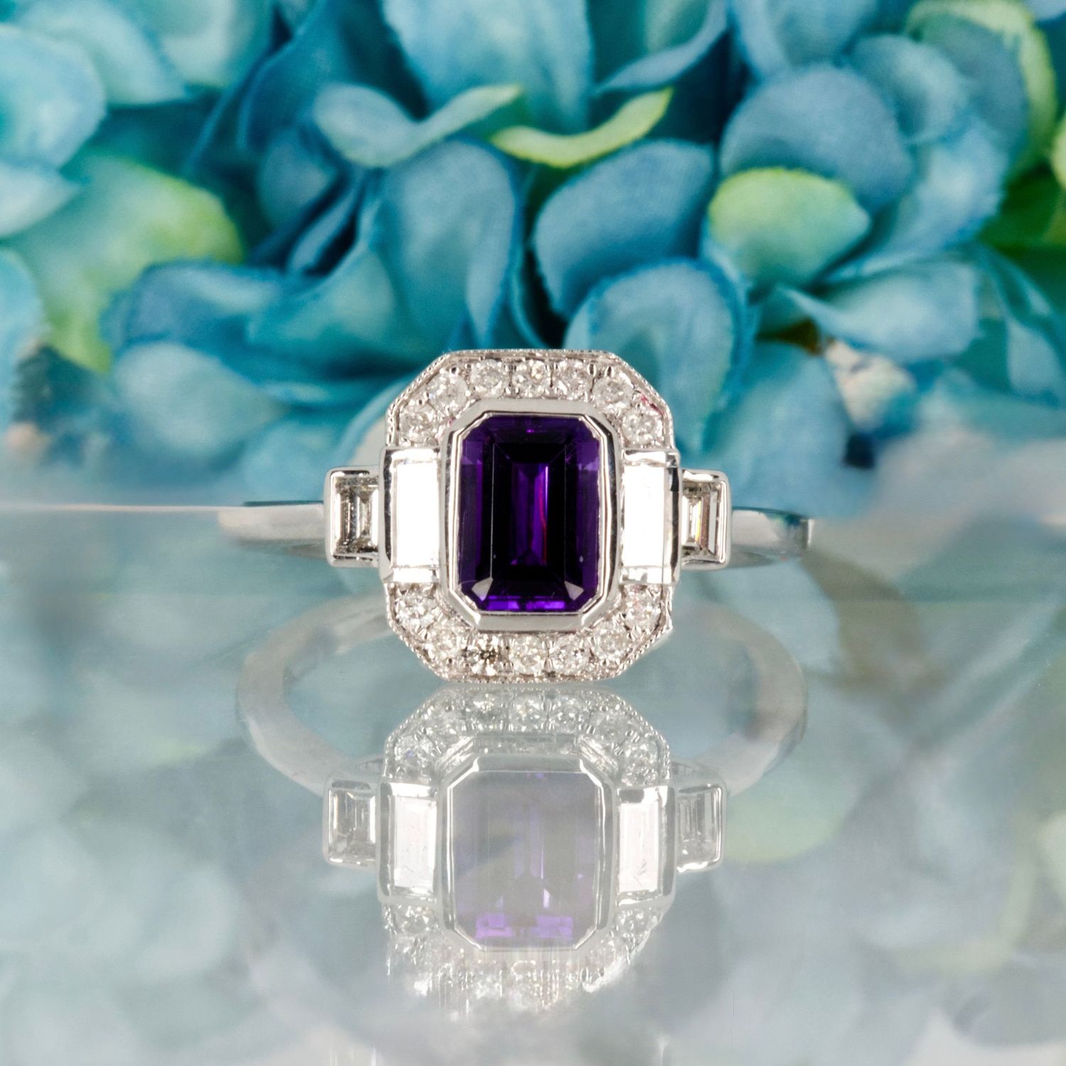 9ct White Gold Octagonal Cut Amethyst & Diamond Cluster Ring