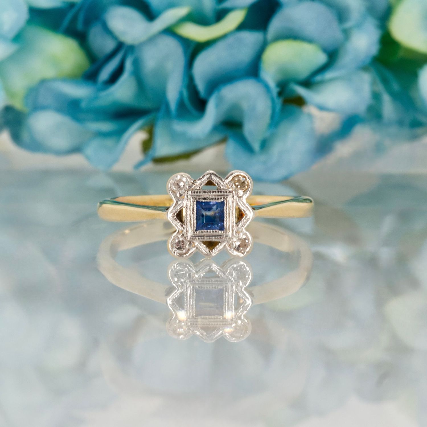 18ct Yellow Gold & Platinum Sapphire & Diamond Cluster Ring