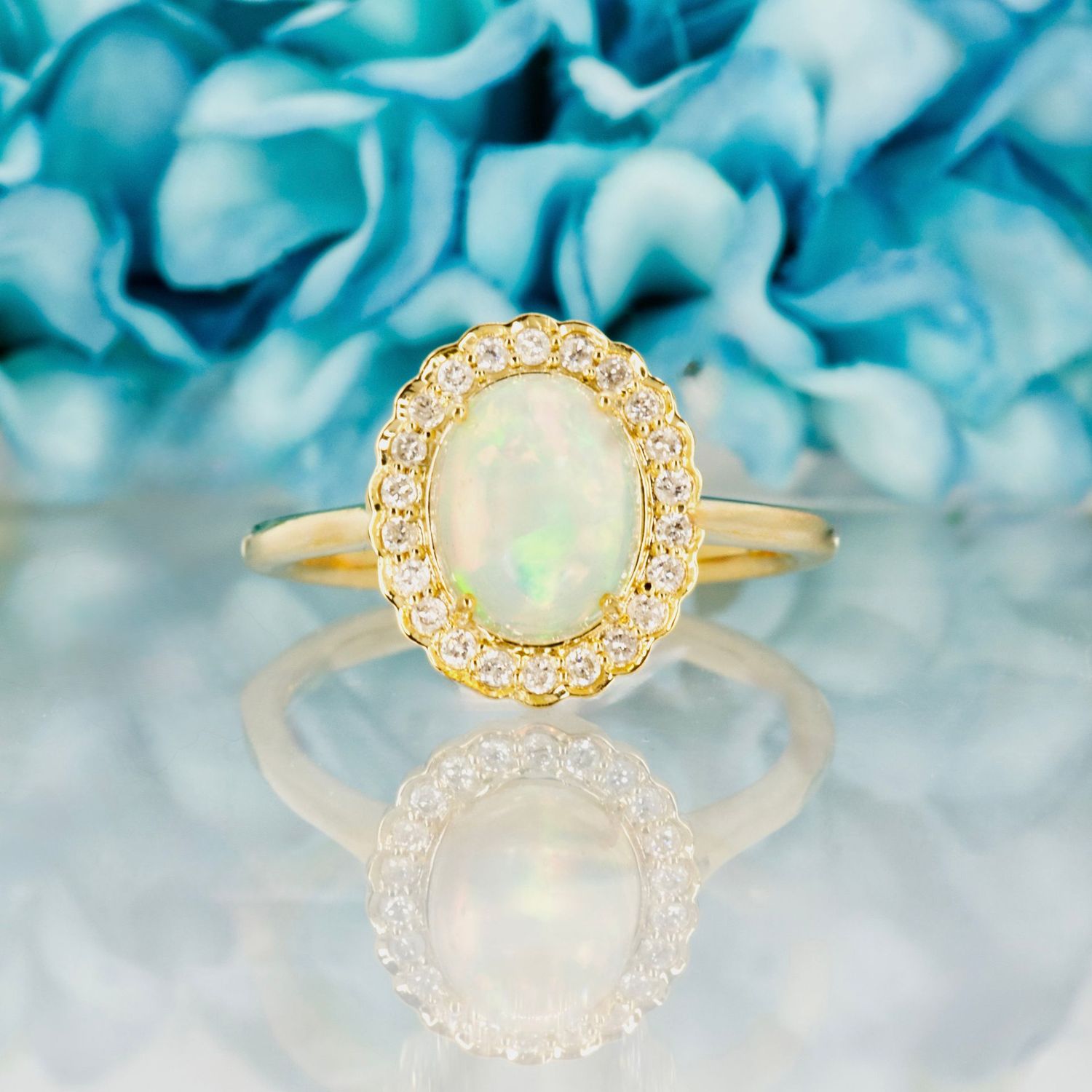9ct Yellow Gold Opal & Round Brilliant Cut Diamond Cluster Ring