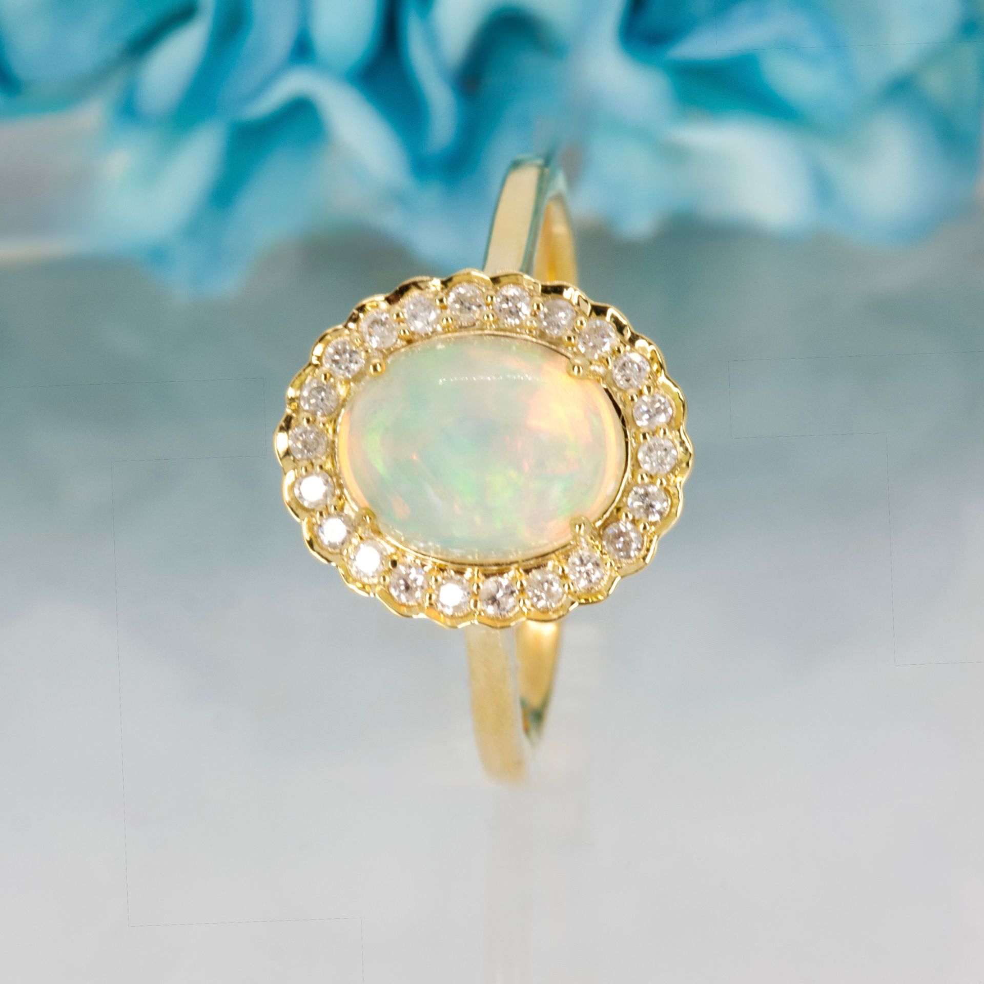 9ct Yellow Gold Opal & Round Brilliant Cut Diamond Cluster Ring