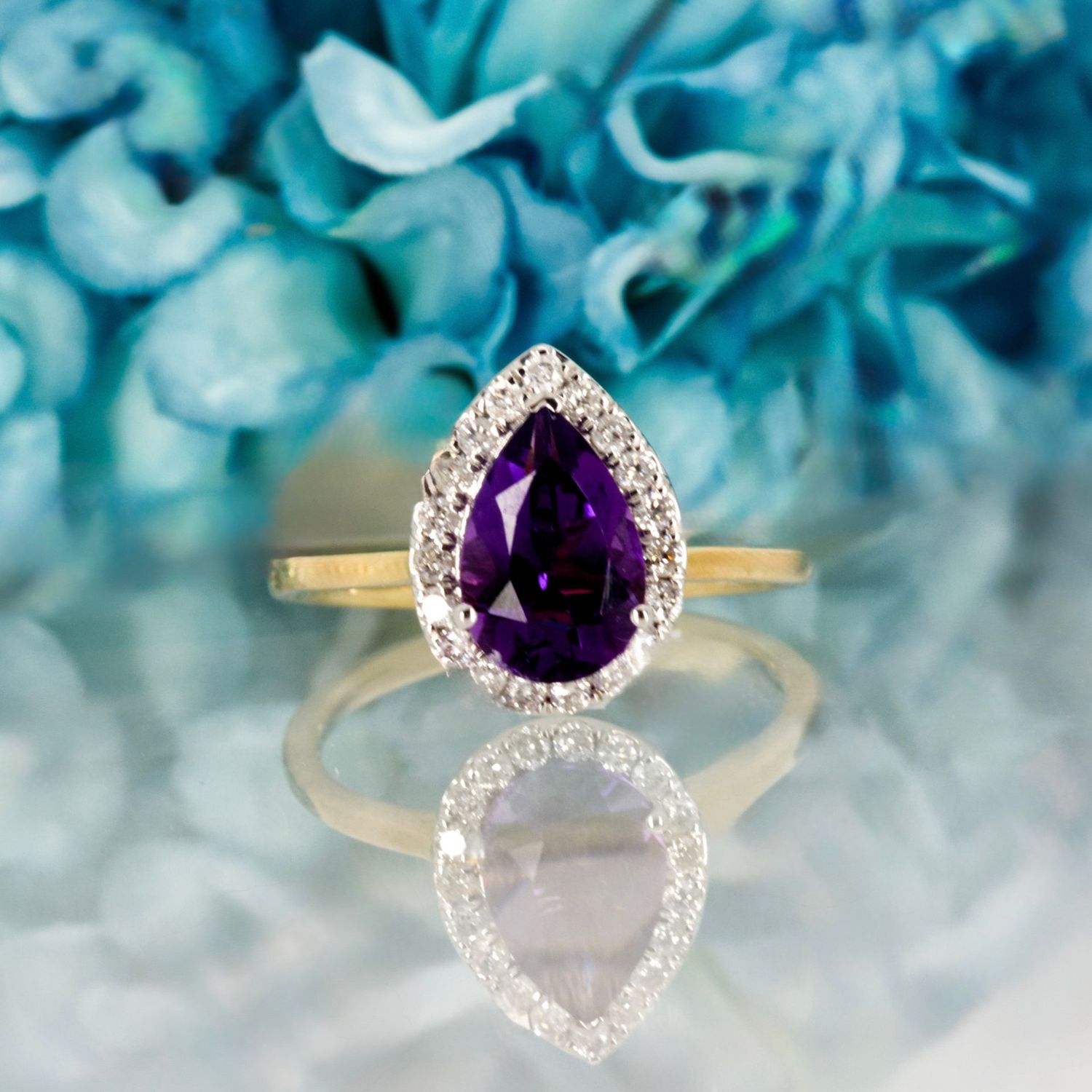 9ct Yellow Gold Pear Cut Amethyst & Round Brilliant Cut Diamond Halo Cluster Ring