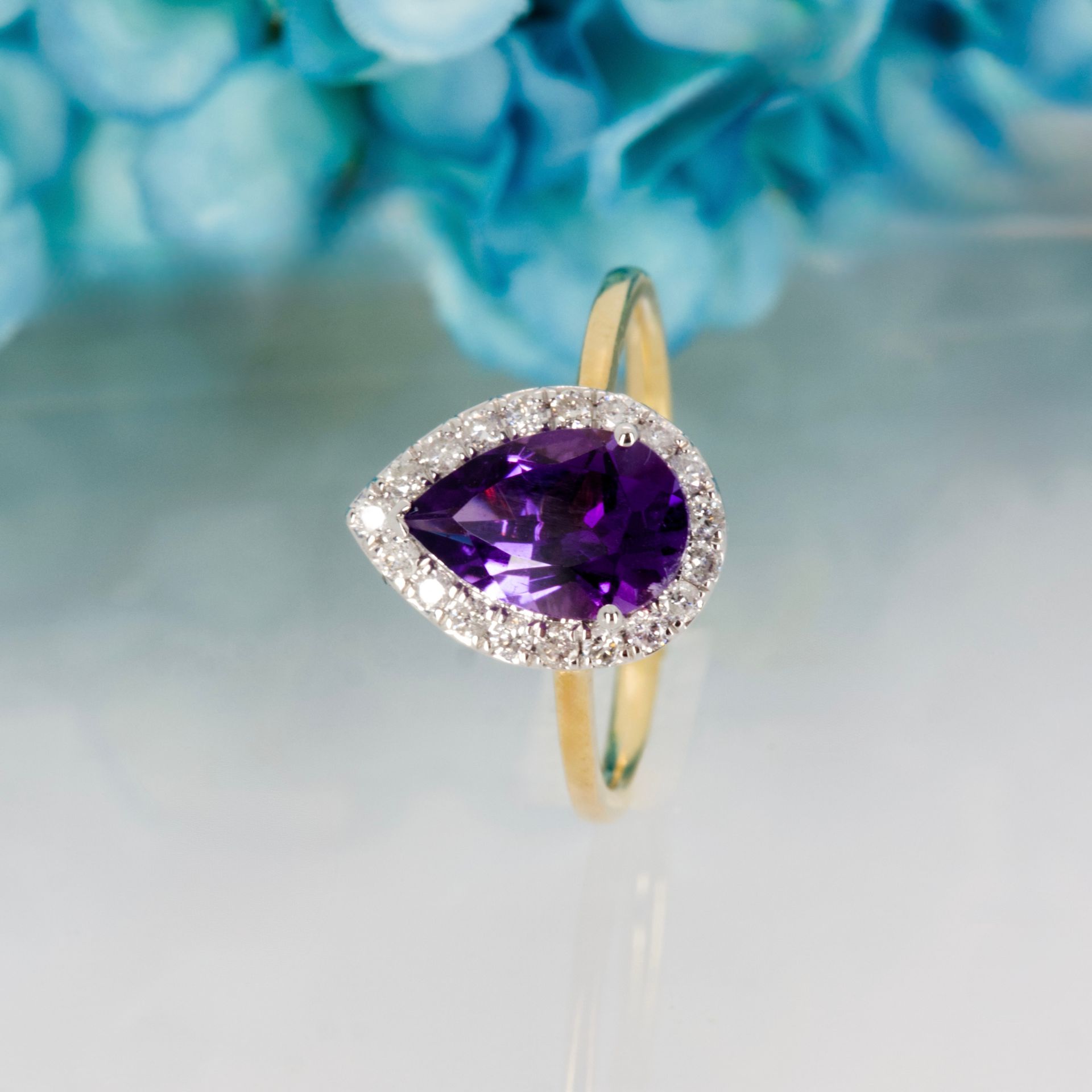 9ct Yellow Gold Pear Cut Amethyst & Round Brilliant Cut Diamond Halo Cluster Ring