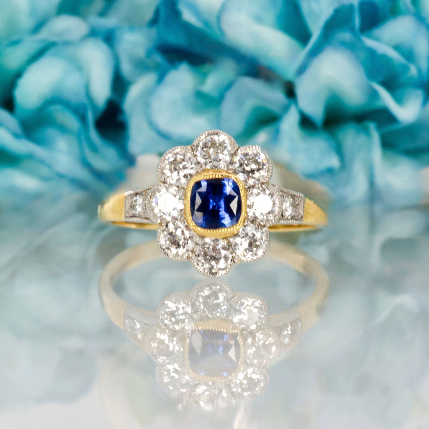 18ct Yellow Gold & Platinum Cushion Cut Sapphire & Diamond Daisy Cluster Ring