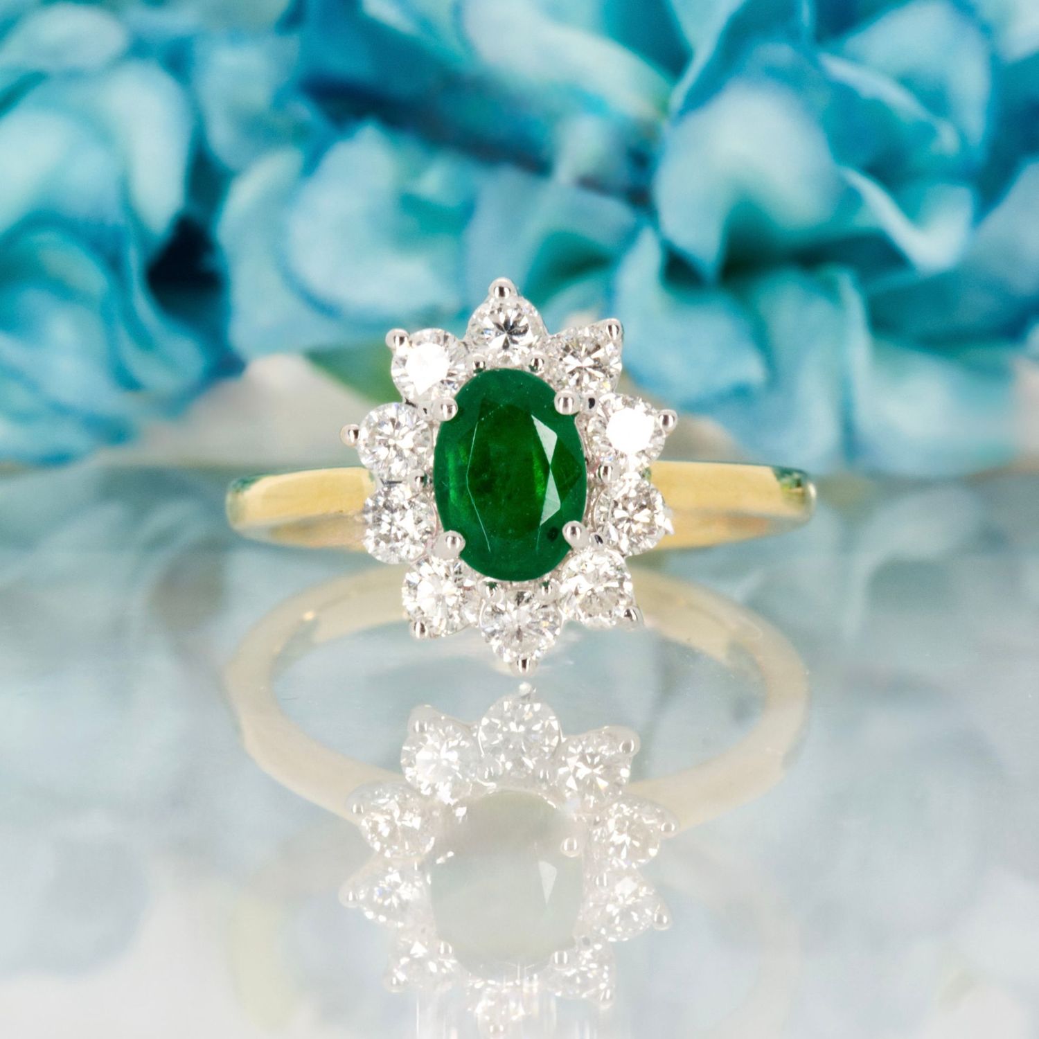 18ct Yellow Gold Oval Cut Emerald & Round Brilliant Cut Diamond Cluster Ring