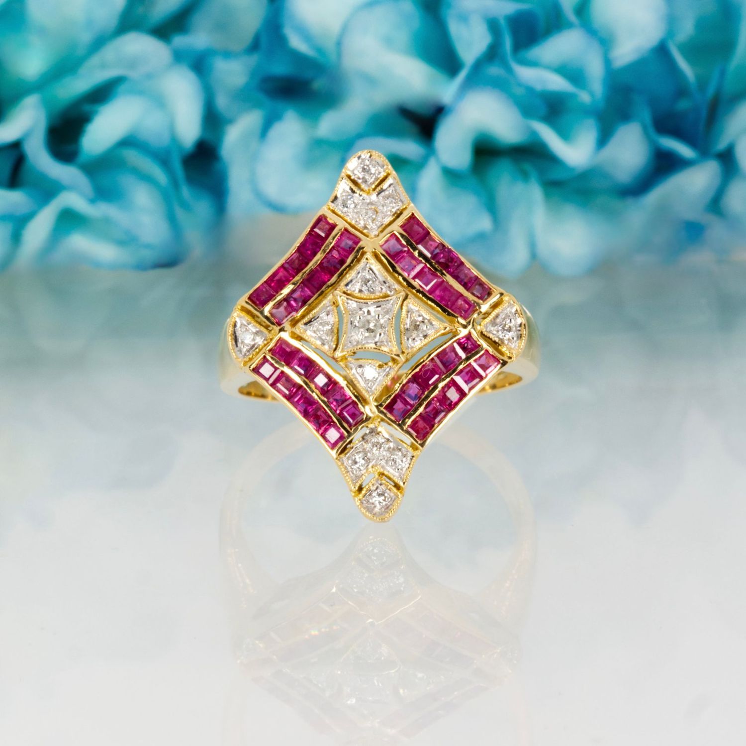 18ct Yellow Gold Square Cut Ruby & Round Cut Diamond Dress Ring