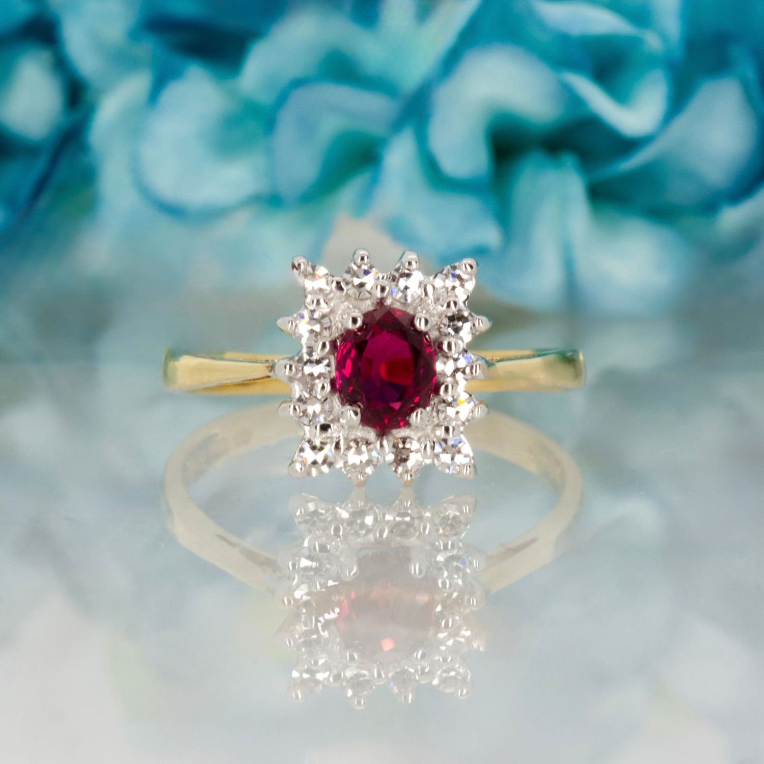 18ct Yellow Gold Oval Cut Ruby & Round Brilliant Cut Diamond Rectangular Cluster Ring