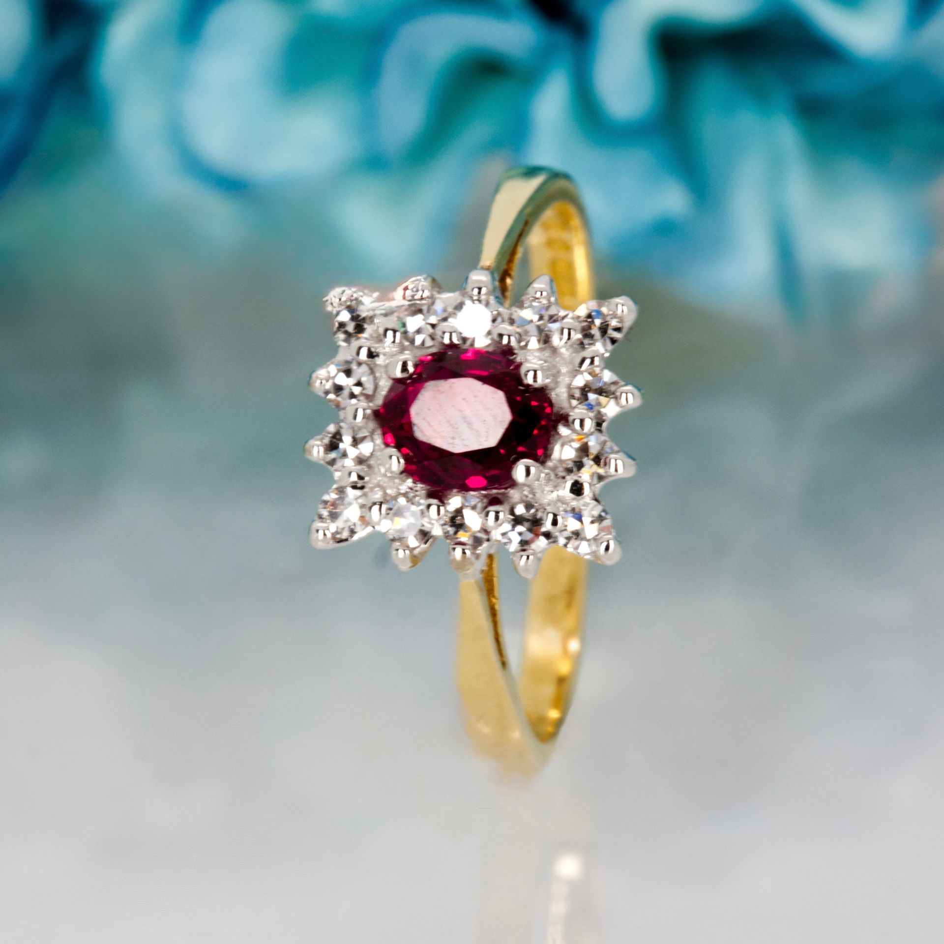 Pre-Loved 18ct Yellow Gold Oval Cut Ruby & Round Brilliant Cut Diamond Rectangular Cluster Ring