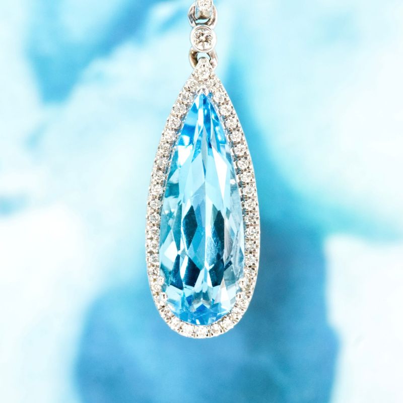 9ct White Gold Pear Shaped Blue Topaz & Round Brilliant Cut Diamond Pendant & Chain