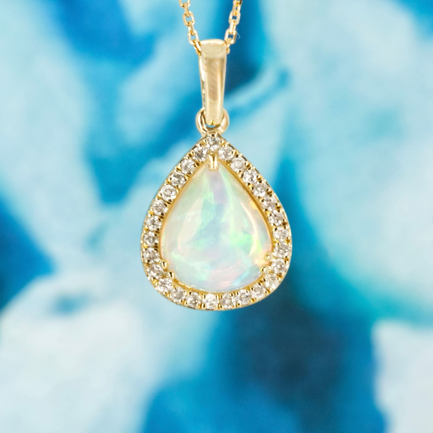 9ct Yellow Gold Pear Shaped Opal & Round Brilliant Cut Diamond Pendant & Chain