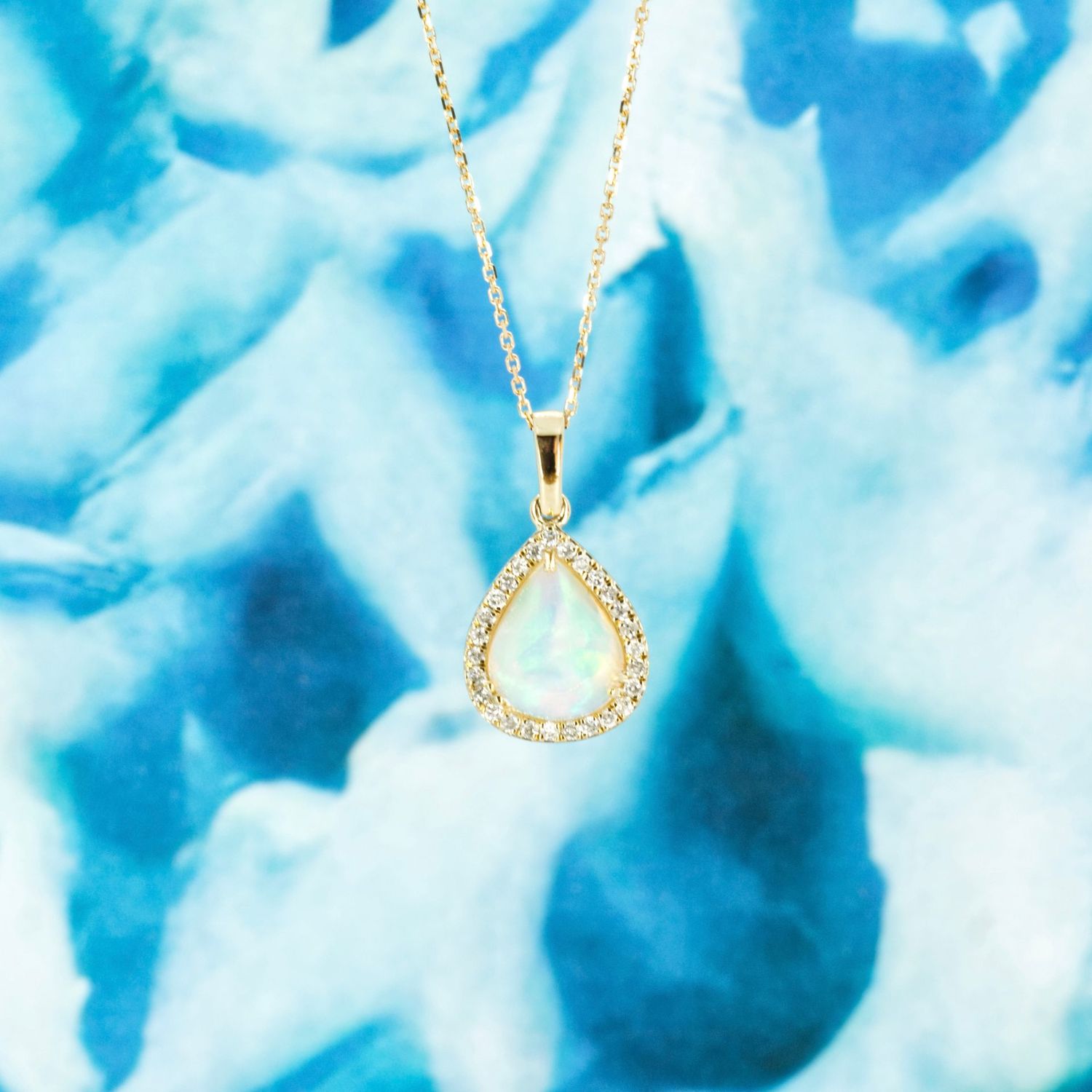 9ct Yellow Gold Pear Shaped Opal & Round Brilliant Cut Diamond Pendant & Chain