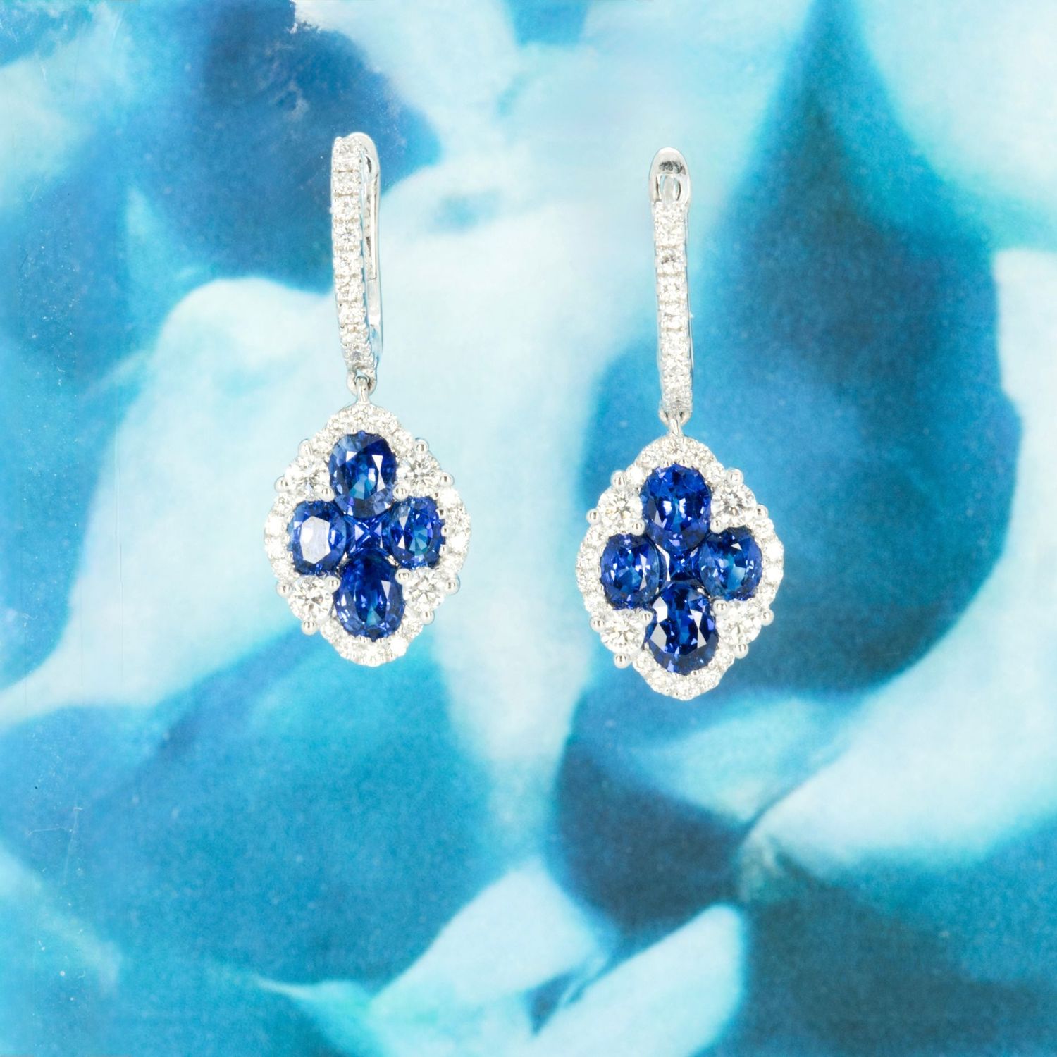 18ct White Gold Round Cut Sapphire & Diamond Drop Earrings