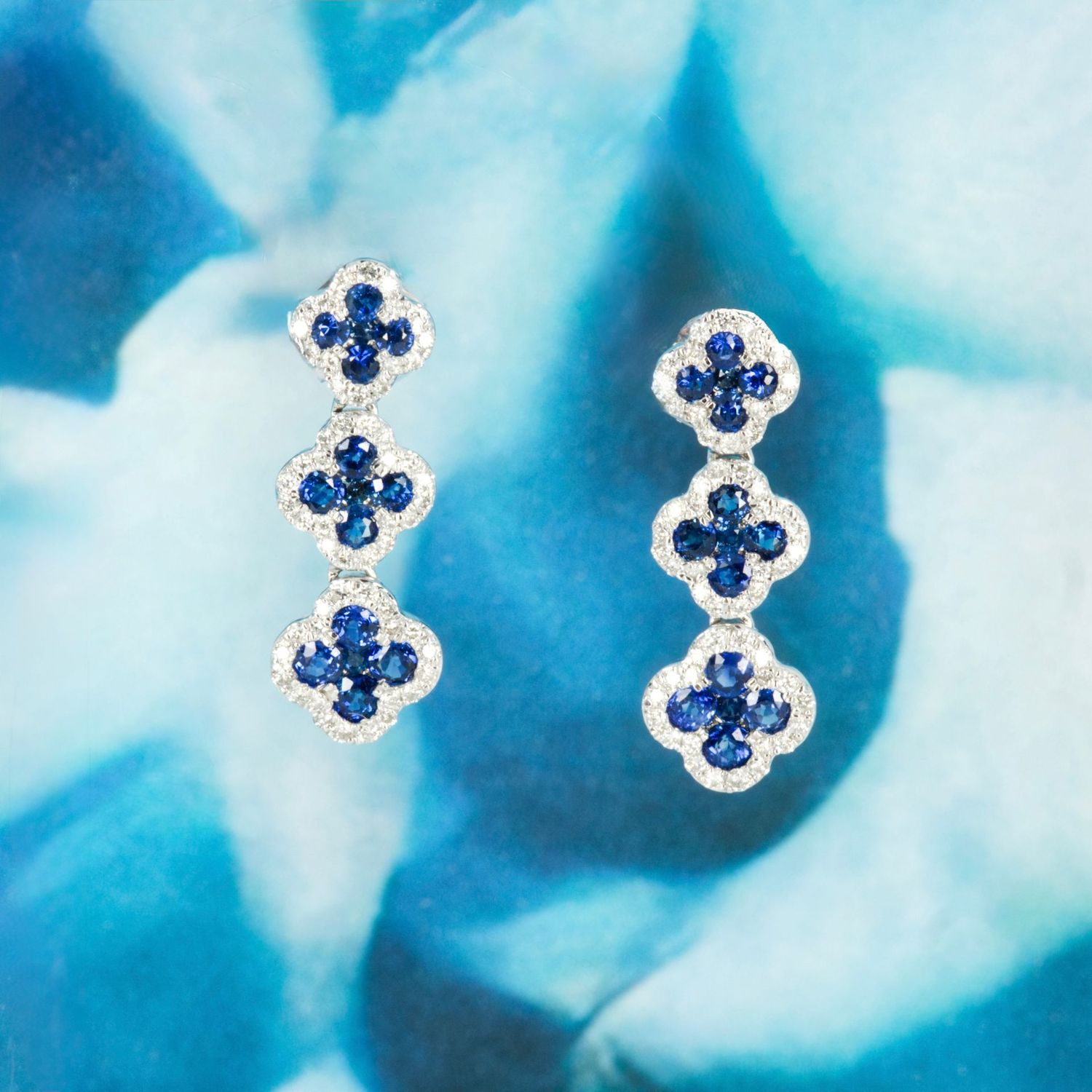 18ct White Gold Sapphire & Diamond Triple Clover Cluster Drop Earrings