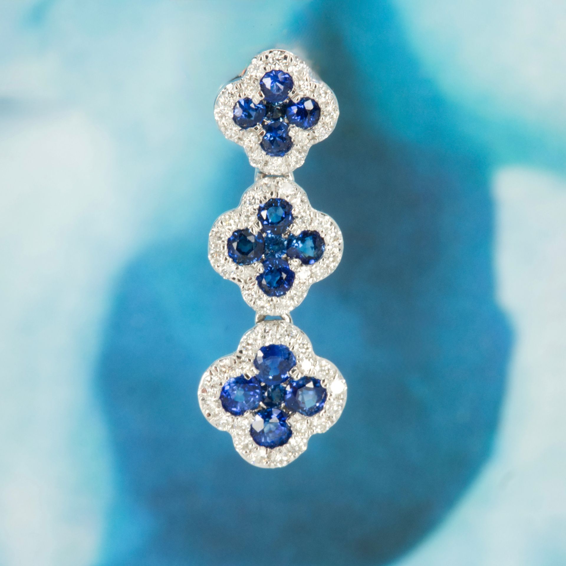 18ct White Gold Sapphire & Diamond Triple Clover Cluster Drop Earrings