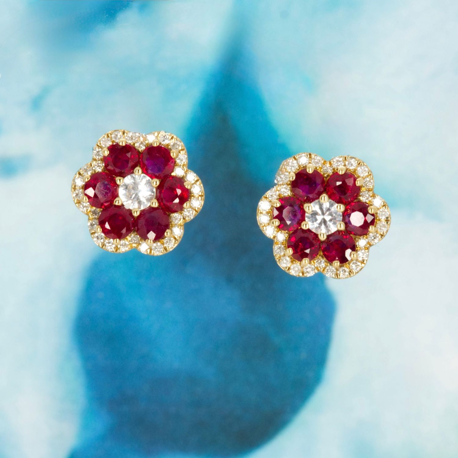 9ct Yellow Gold Ruby & Diamond Flower Cluster Stud Earrings
