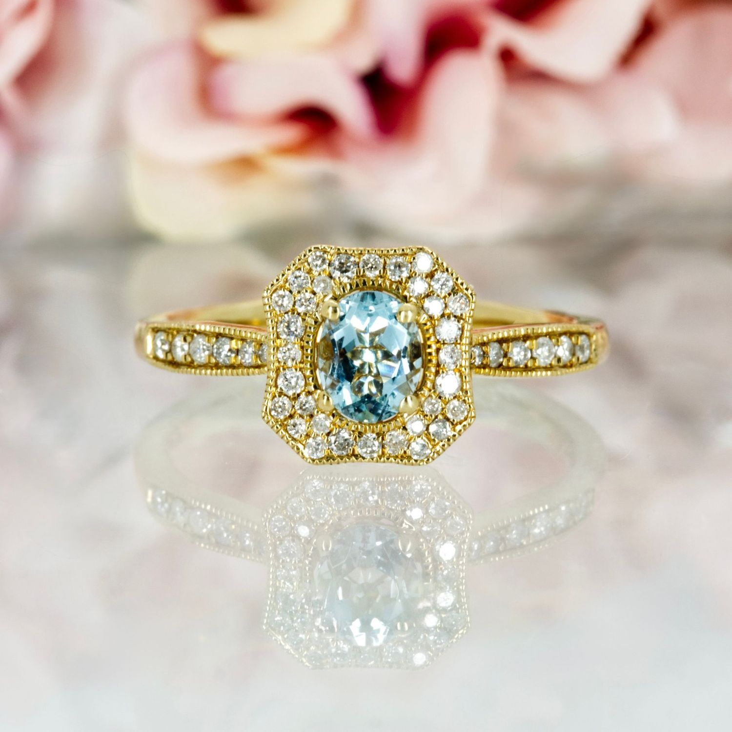 9ct Yellow Gold Oval Cut Aquamarine & Round Brilliant Cut Diamond Octagonal Cluster Ring