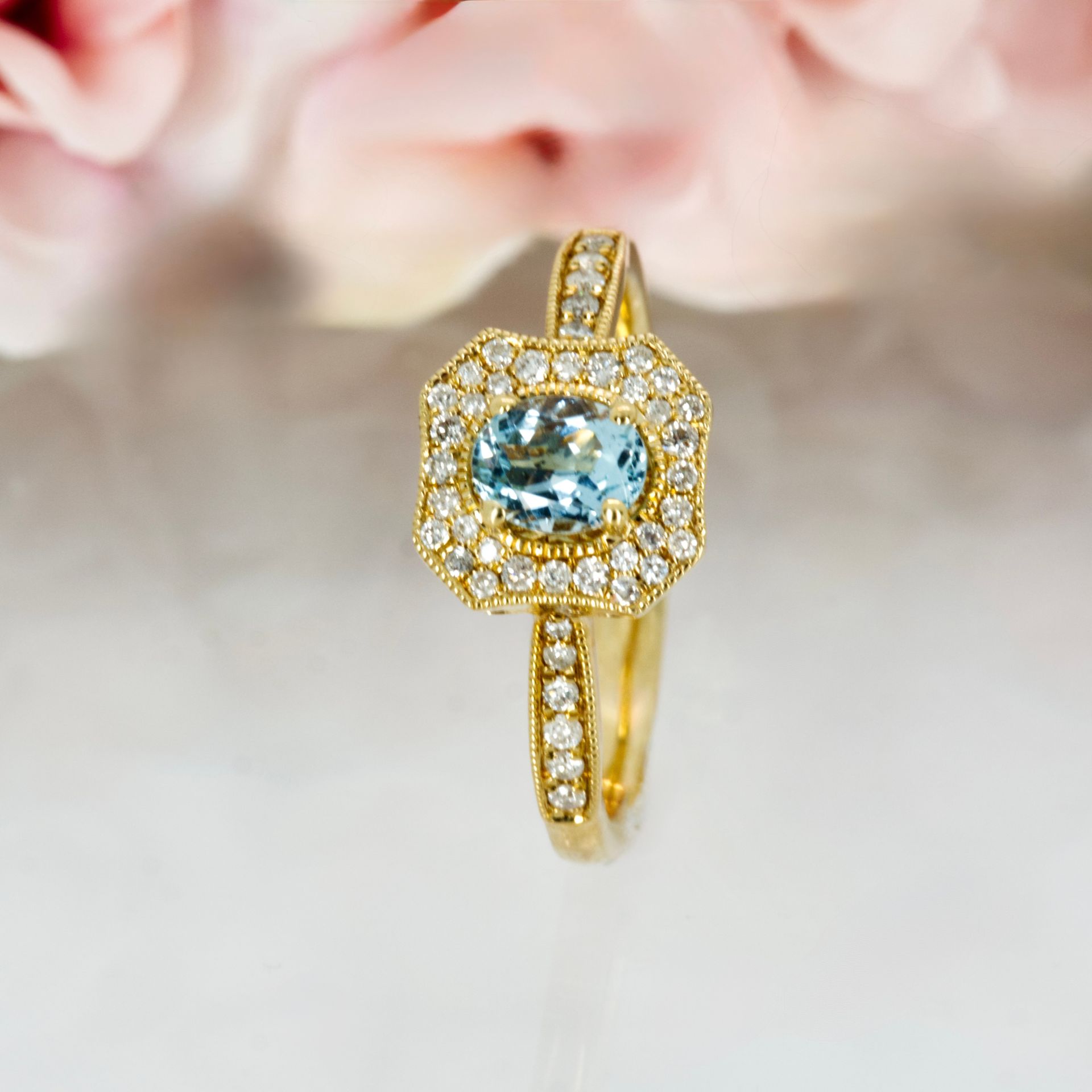 9ct Yellow Gold Oval Cut Aquamarine & Round Brilliant Cut Diamond Octagonal Cluster Ring