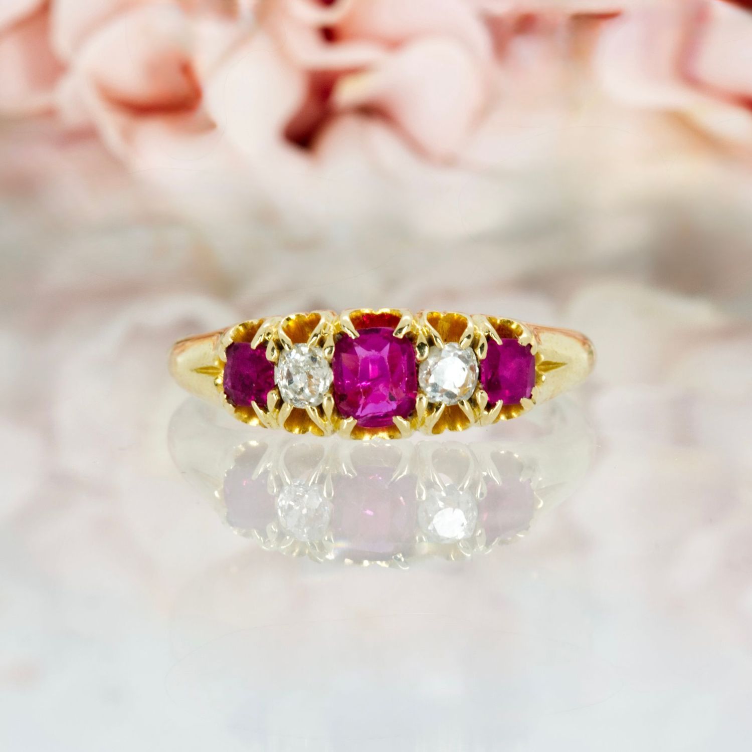 Pre-Loved 14ct Yellow Gold Ruby & Diamond Five Stone Ring