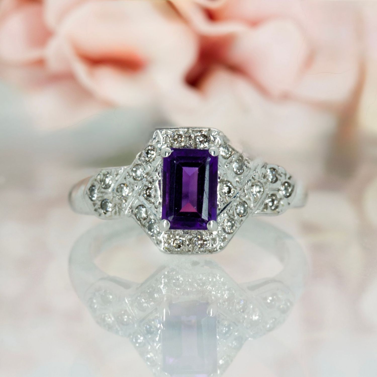 Pre-Loved 9ct White Gold Amethyst & Diamond Rectangular Cluster Ring