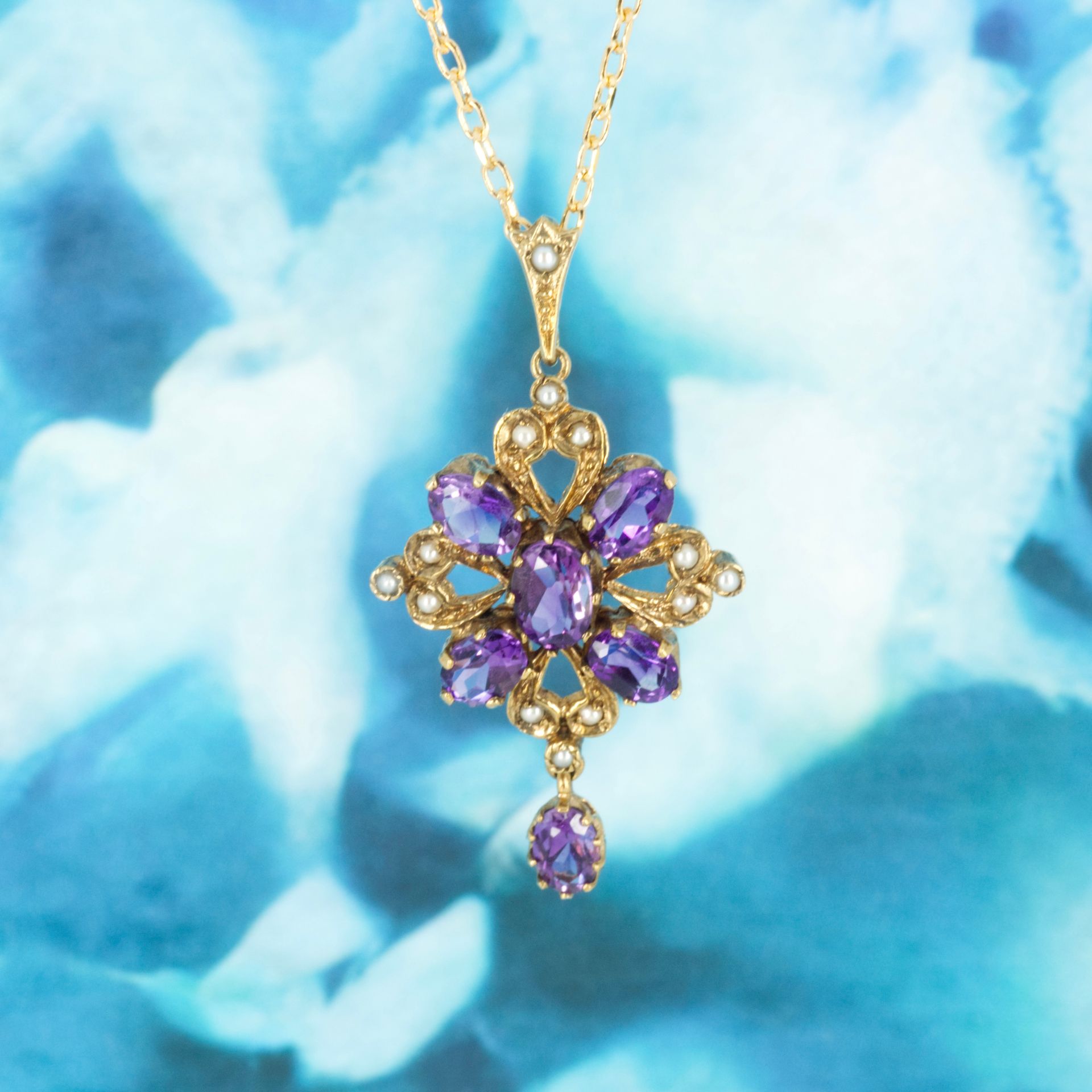 Pre-Loved 9ct Yellow Gold Amethyst & Pearl Set Pendant & Chain